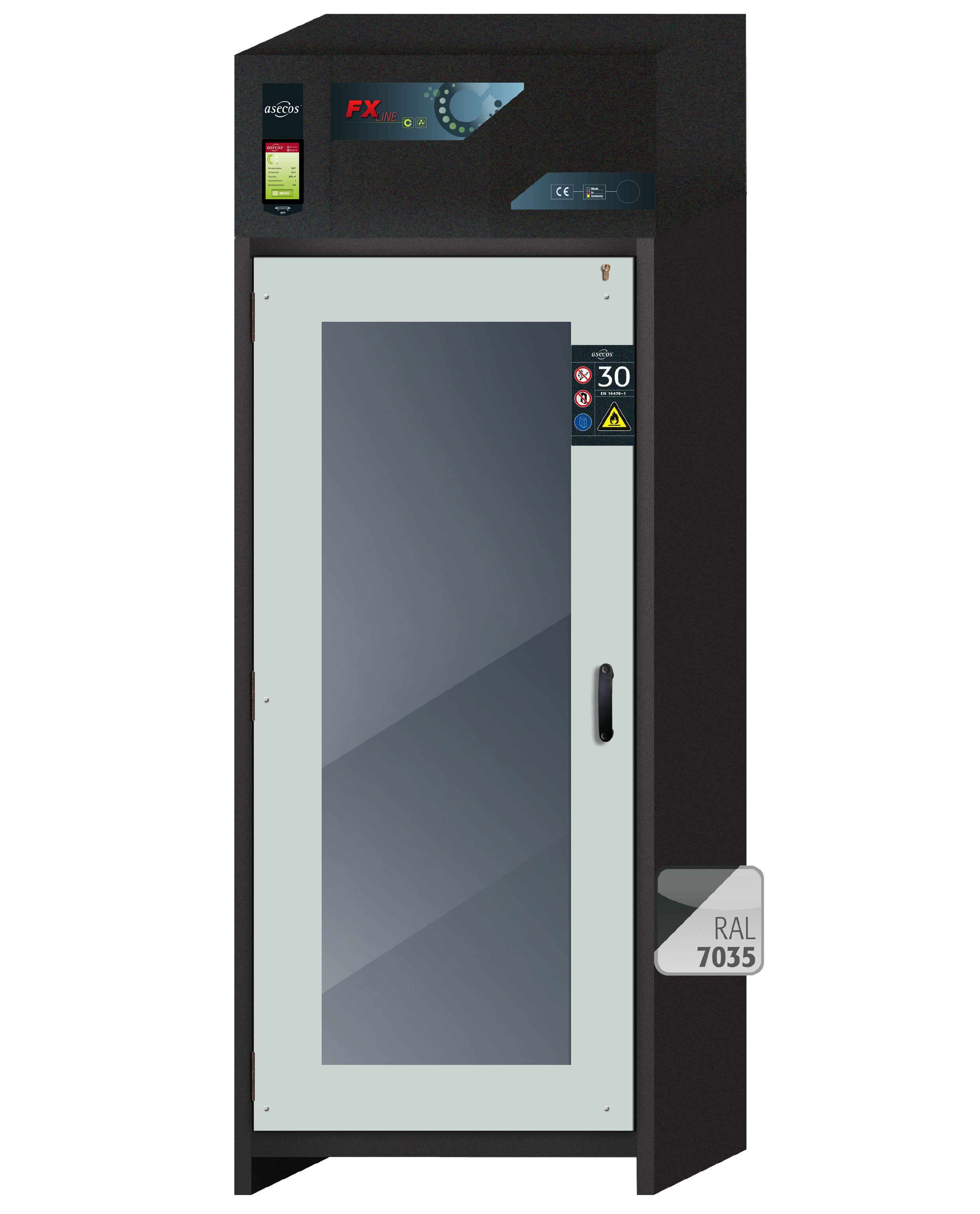 Type 30 recirculating air filter cabinet FX-DISPLAY-30 model FX30.229.086.WDFW in light gray RAL 7035 with 4x standard tray base (polypropylene)