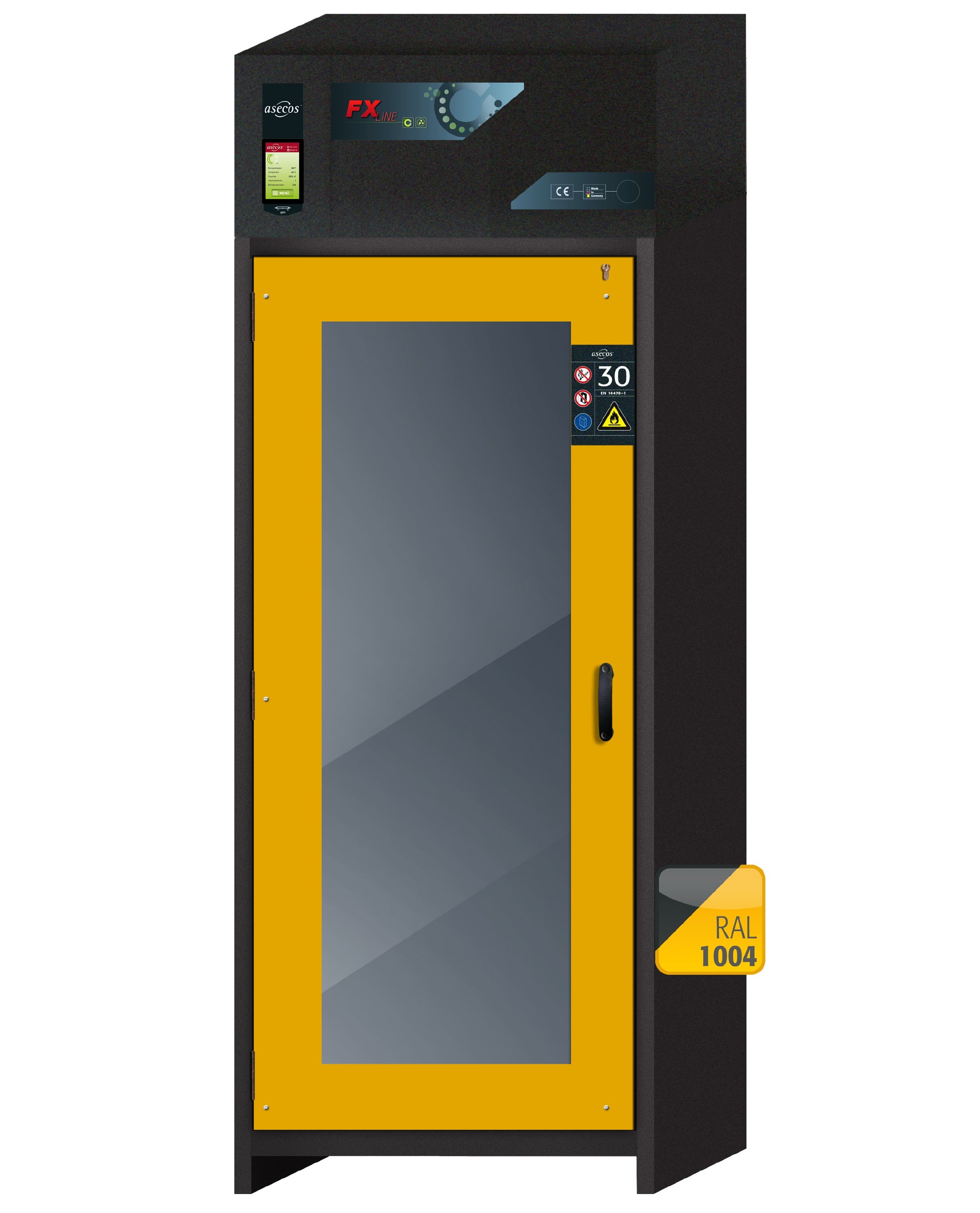 Armoire de filtration d'air de recirculation de type 30 FX-DISPLAY-30 modèle FX30.229.086.WDFW en jaune de sécurité RAL 1004 avec 4x étagères standard (tôle d'acier)