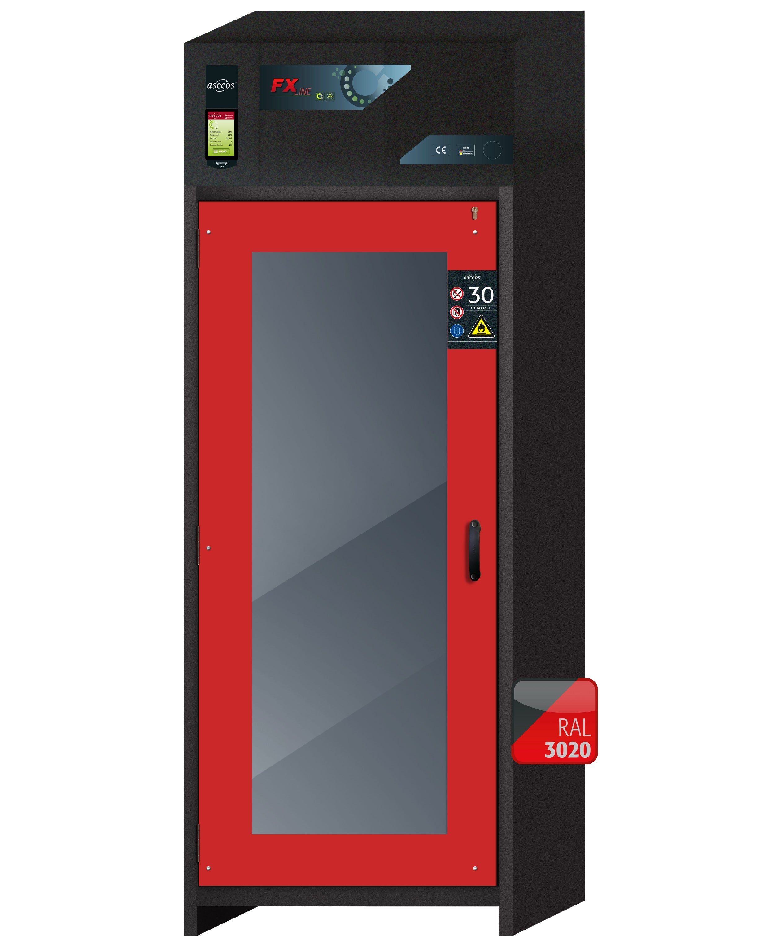 Typ 30 Umluftfilterschrank FX-DISPLAY-30 Modell FX30.229.086.WDFW in verkehrsrot RAL 3020 mit 5x Auszugswanne Standard (Stahlblech)