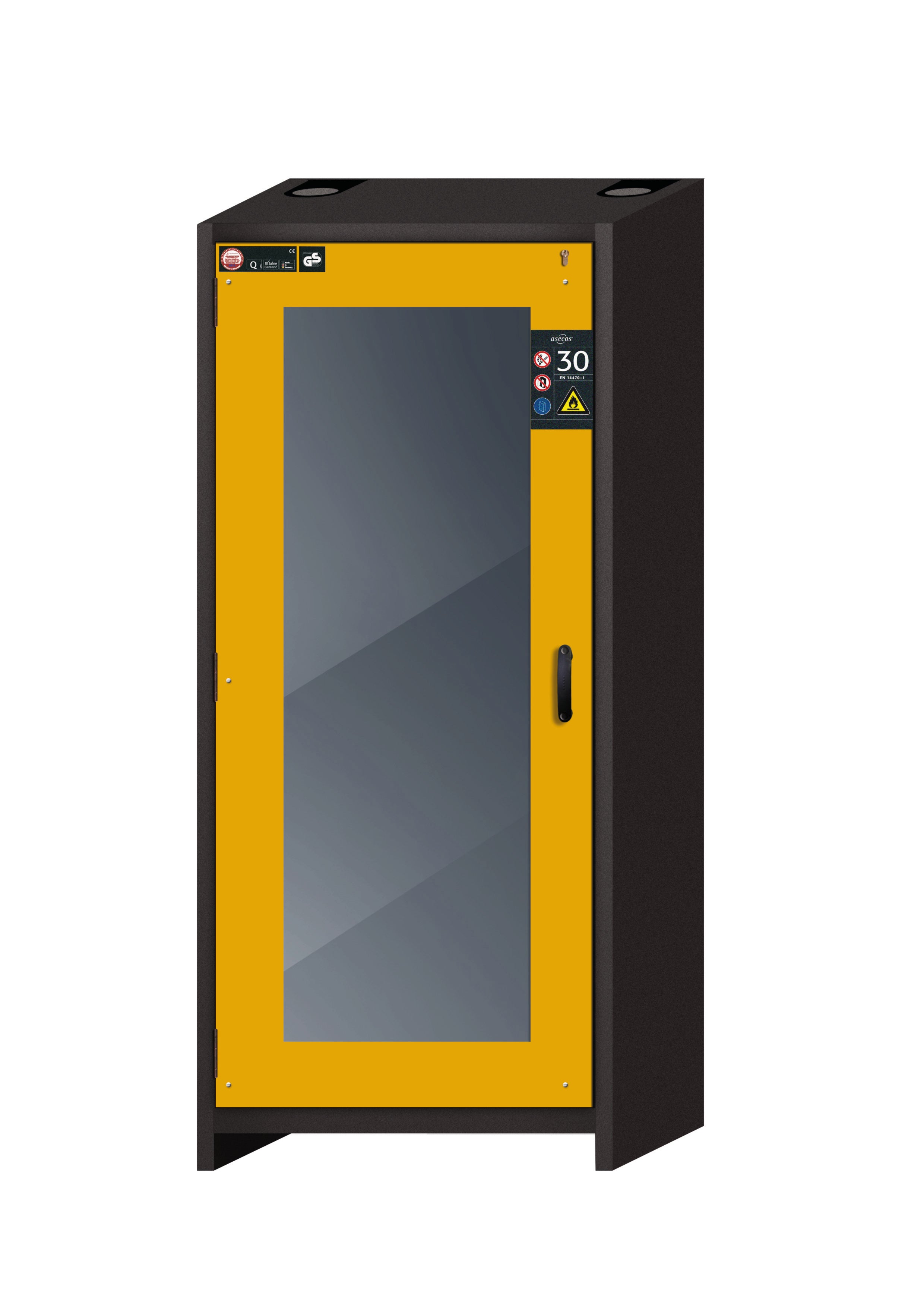 Type 30 safety cabinet Q-DISPLAY-30 model Q30.195.086.WDFW in safety yellow RAL 1004 with 4x standard pull-out tray (stainless steel 1.4301)