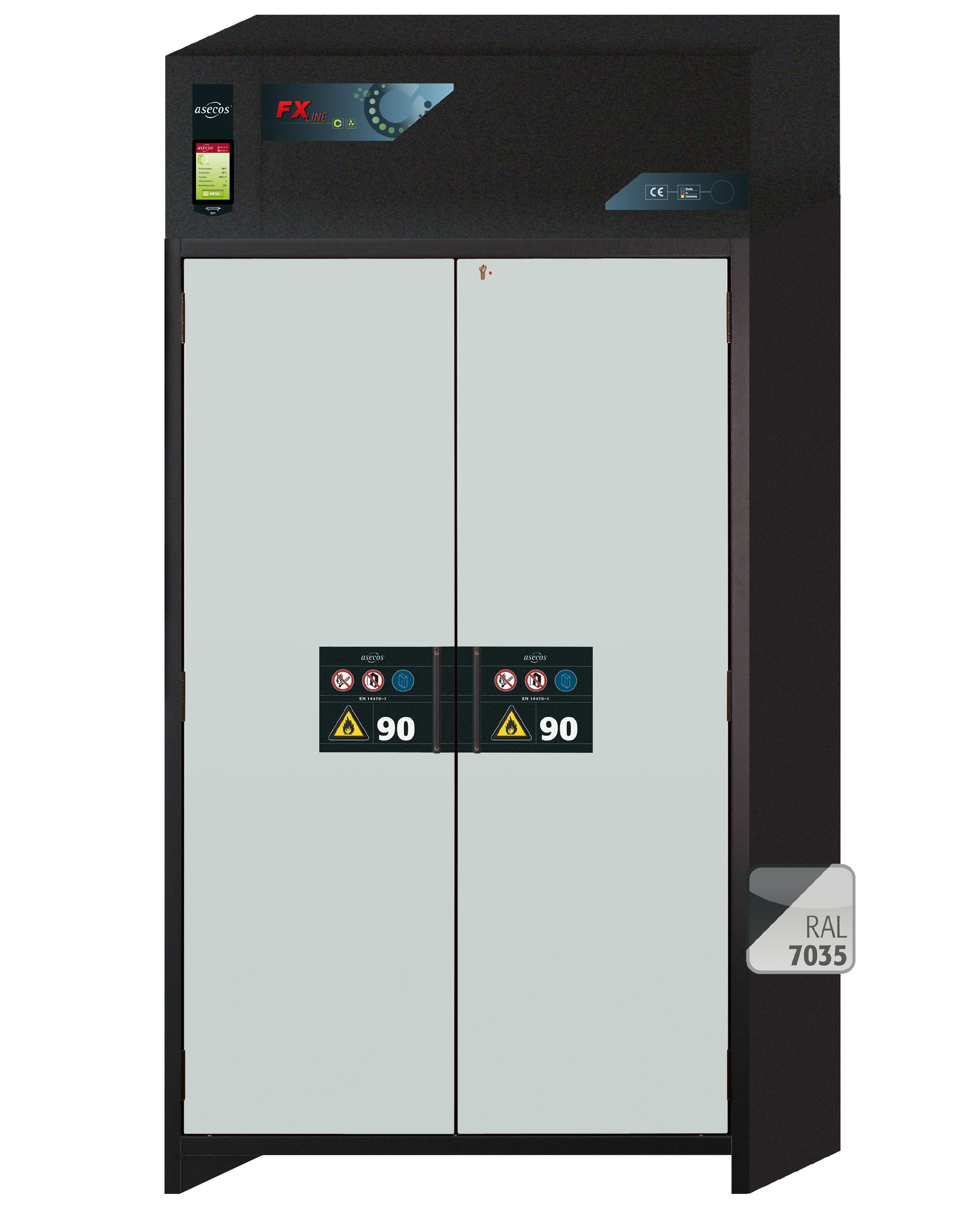 Typ 90 Umluftfilterschrank FX-CLASSIC-90 Modell FX90.229.120.MV in lichtgrau RAL 7035 mit 3x Fachboden Standard (Edelstahl 1.4301)