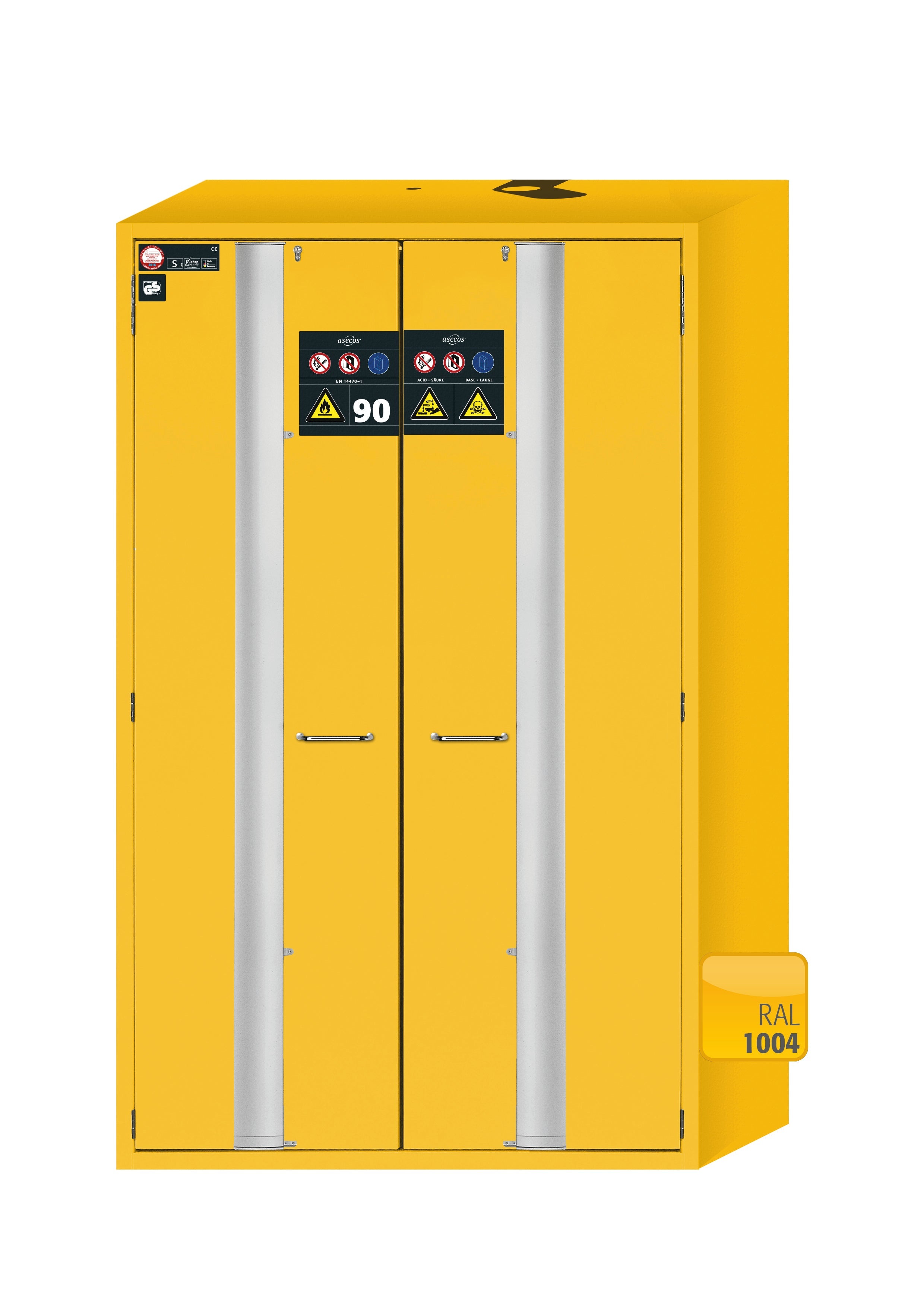 Type 90 safety cabinet S-PHOENIX-90 model S90.196.120.MV.FDAS in safety yellow RAL 1004 with 6x standard shelves (sheet steel)