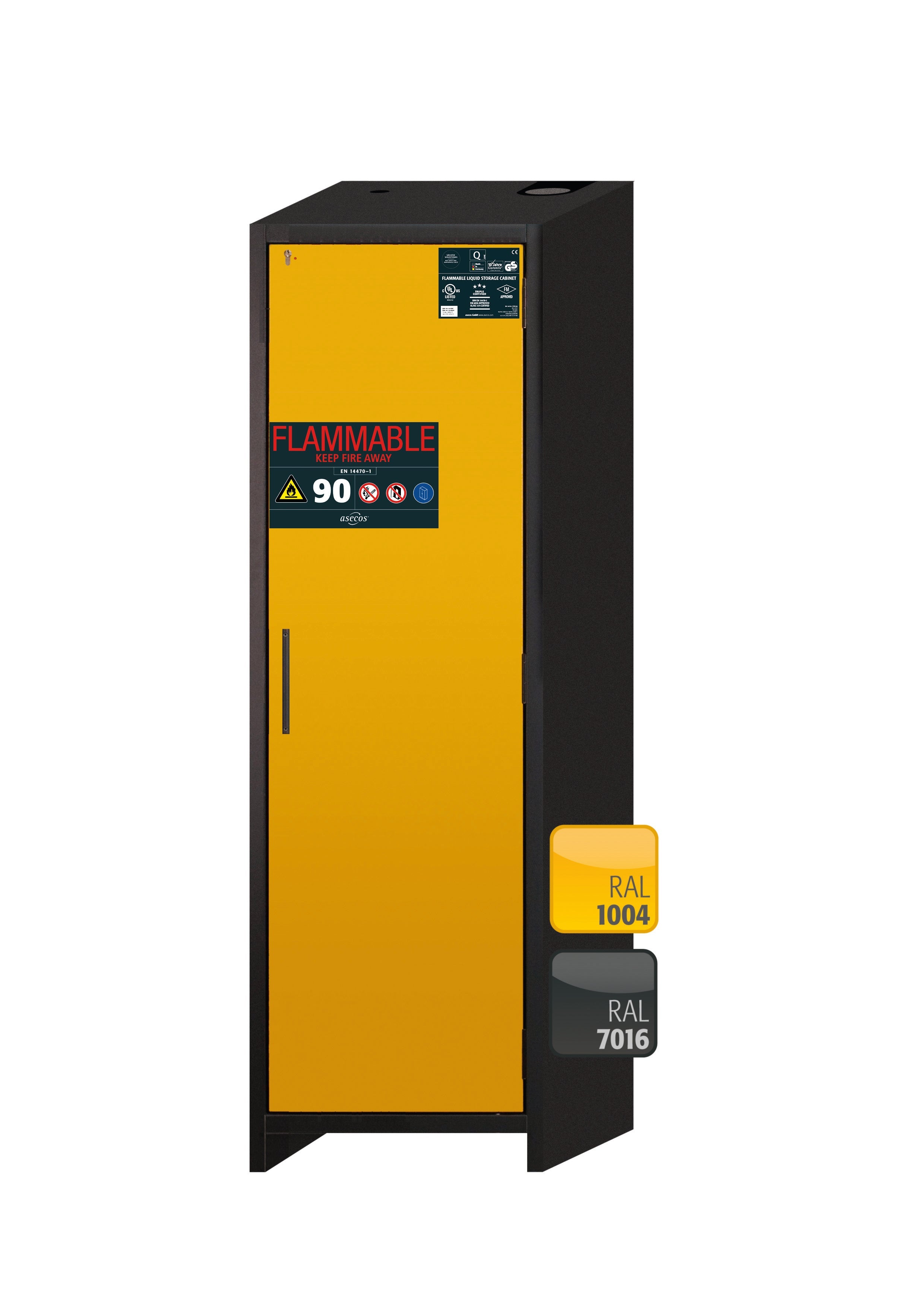 Typ 90 Sicherheitsschrank Q-CLASSIC-90 Modell Q90.195.060.FU.WDASR in sicherheitsgelb RAL 1004 mit 3x Fachboden Standard (Stahlblech)