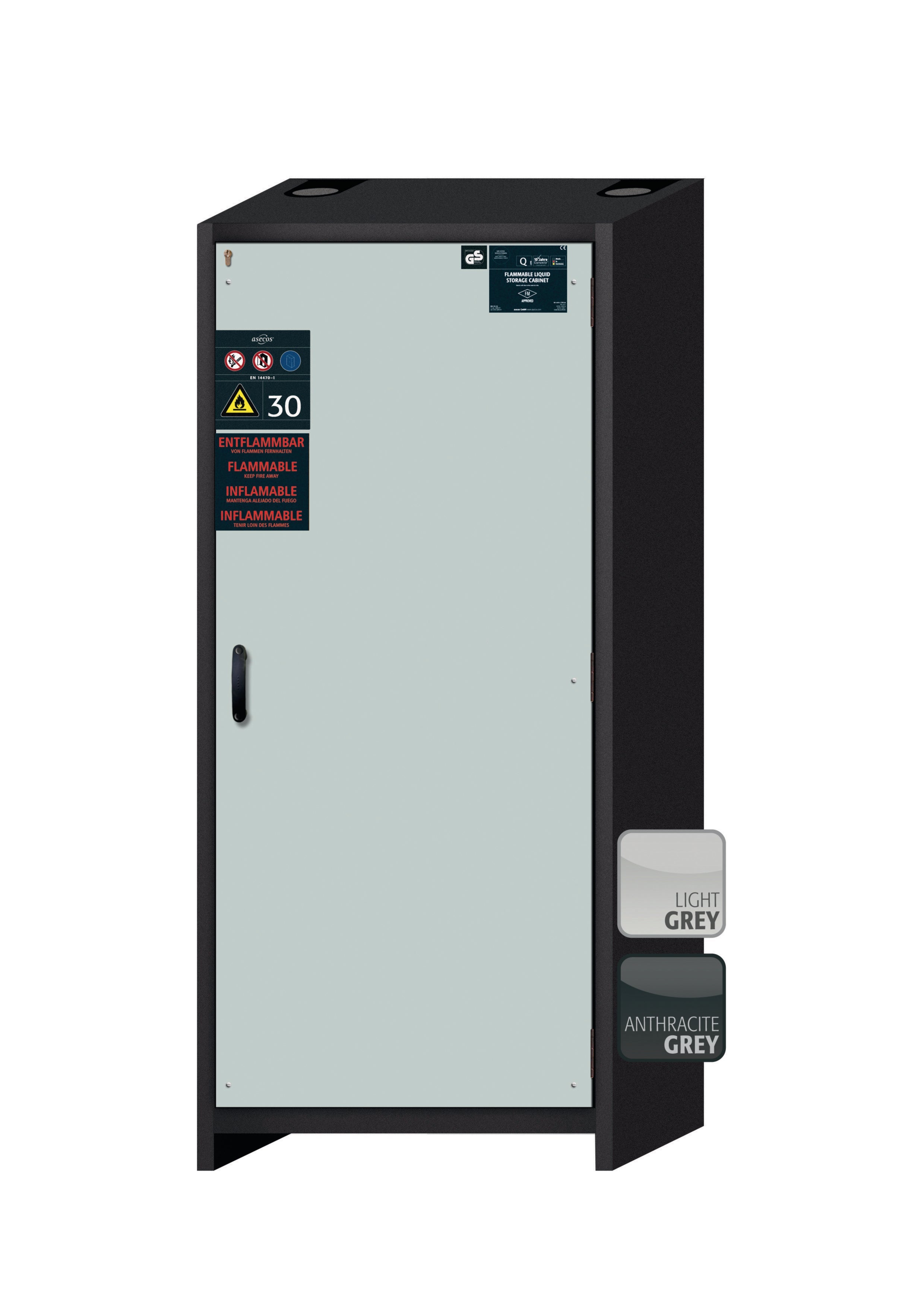 Type 30 safety cabinet Q-CLASSIC-30 model Q30.195.086.FU.WDASR in light gray RAL 7035 with 3x standard shelves (sheet steel)