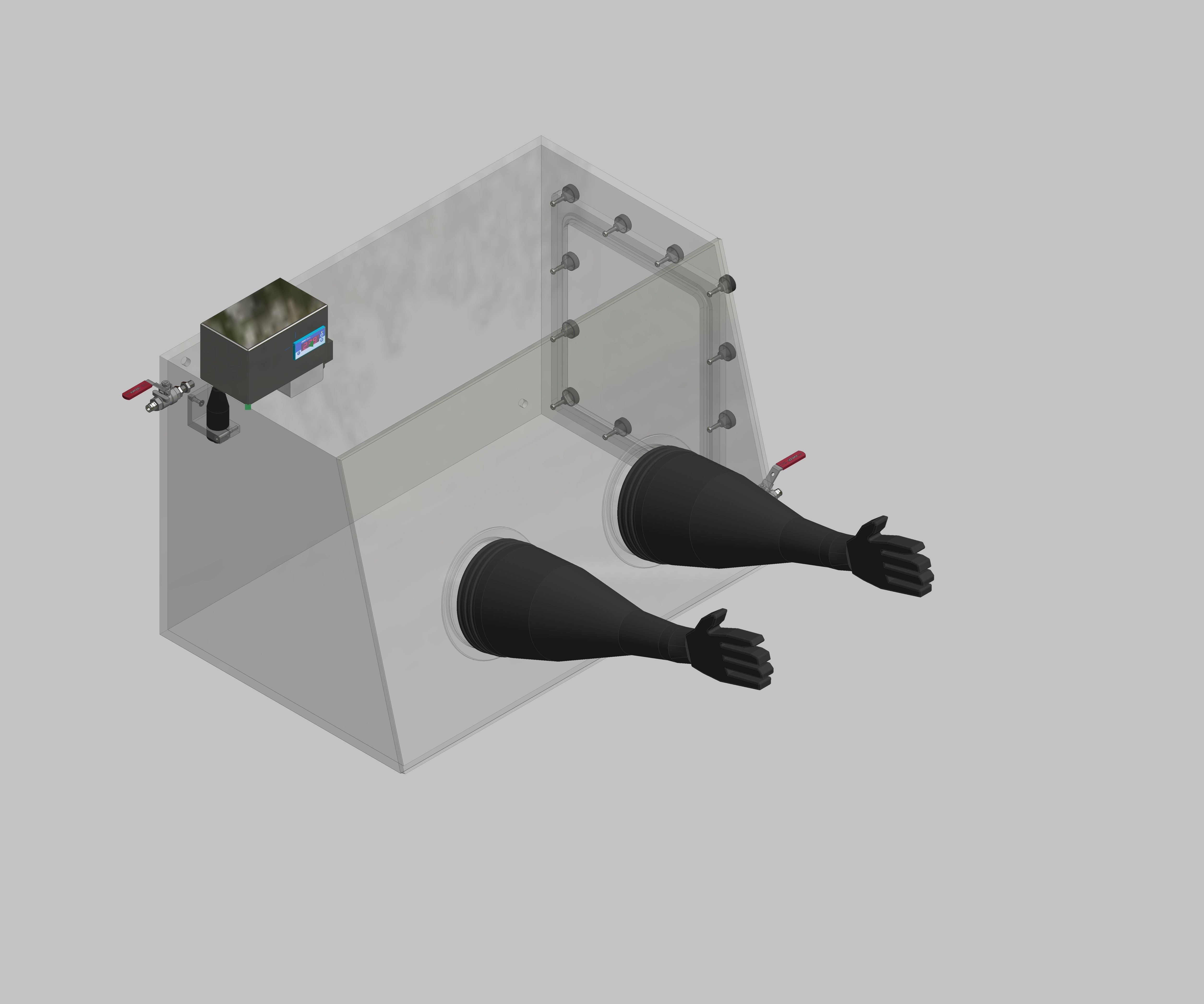 Acrylic glovebox &gt; Gas filling: Manual, Front design: Standard, Side design: Removable flange Control: Oxygen display