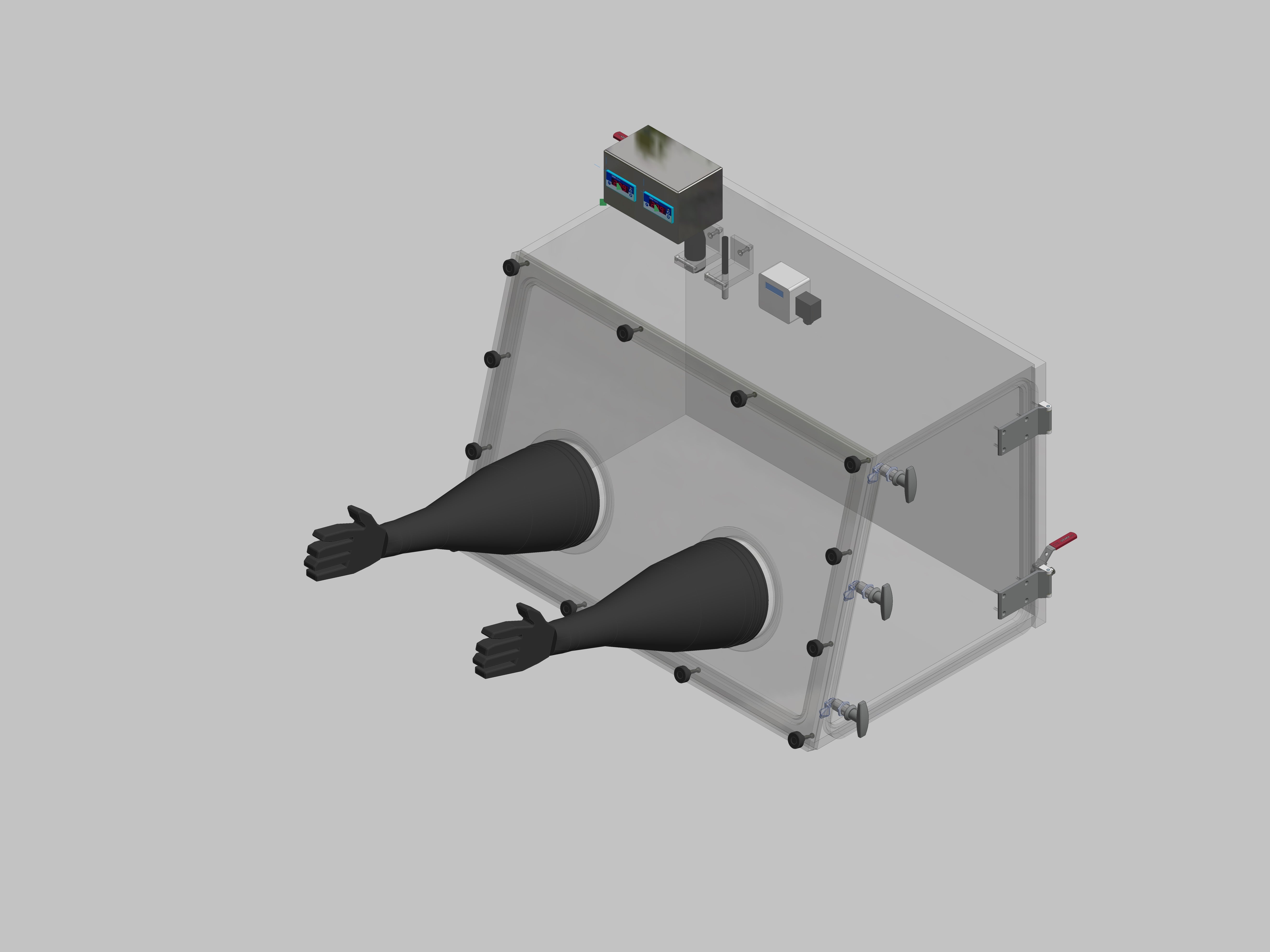 Glovebox aus Acryl> Gasbefüllung: Von Hand, Frontausführung: abnehmbar Seitenausführung: Flügeltüre Steuerung: Sauerstoff-und Feuchteanzeige