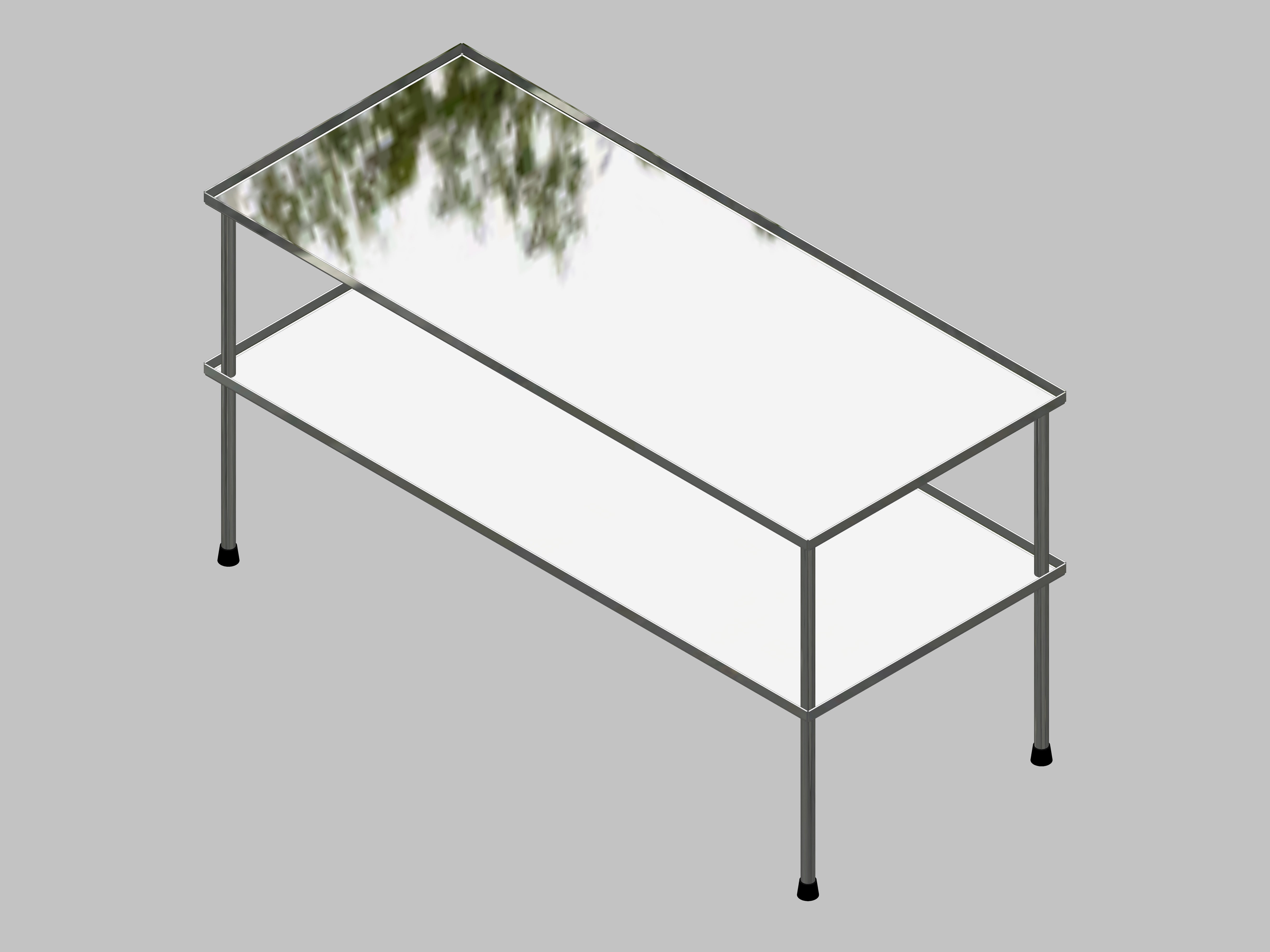 Mobile stainless steel storage rack: with 2 shelves, dimensions 700 x 300 mm, with 12 mm edge. Distance supports: height 170 mm each, with PTFE sliding feet