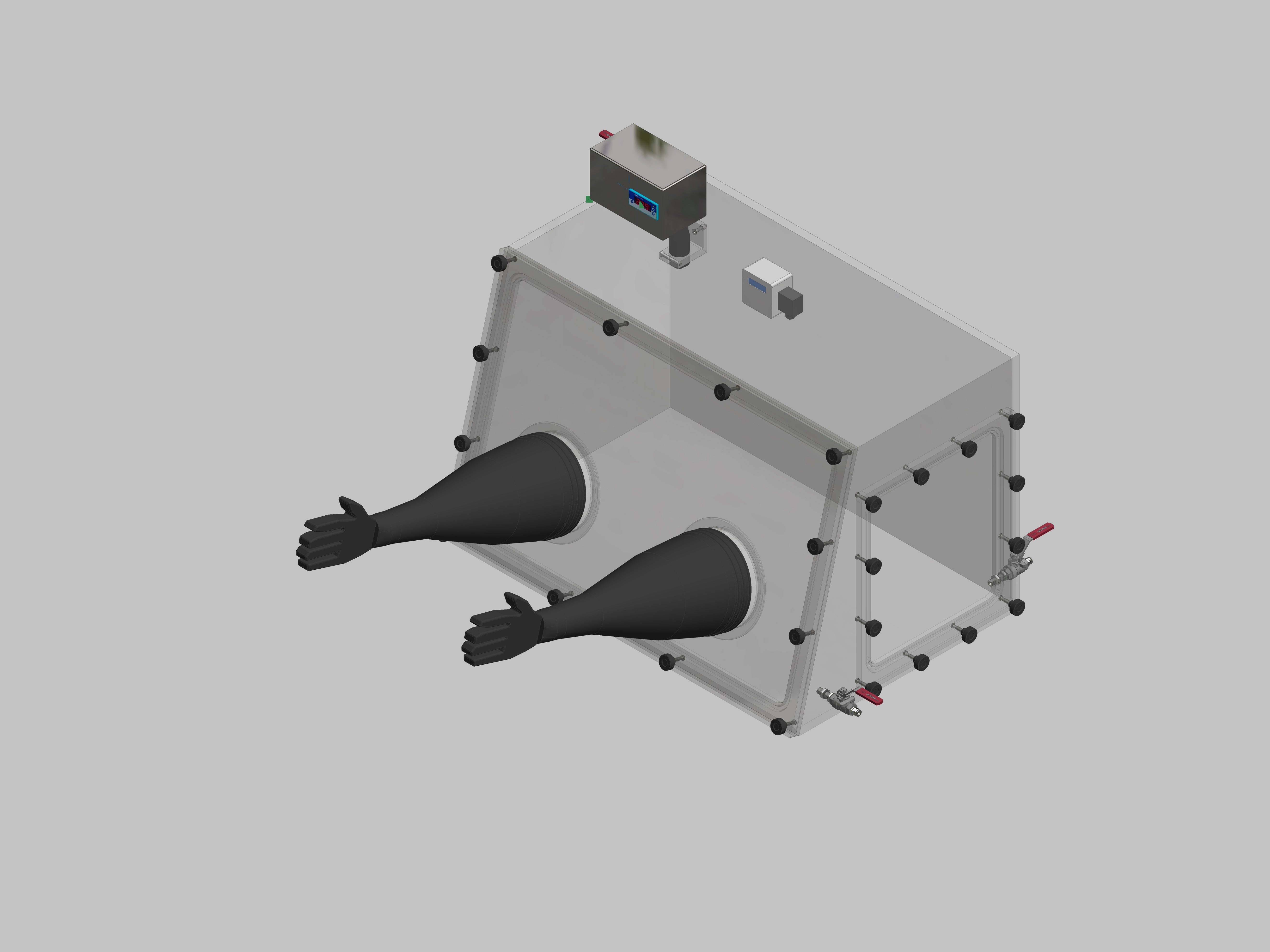 Glovebox aus Acryl> Gasbefüllung: Von Hand, Frontausführung: abnehmbar Seitenausführung: Flansch abnehmbar Steuerung: Sauerstoffanzeige