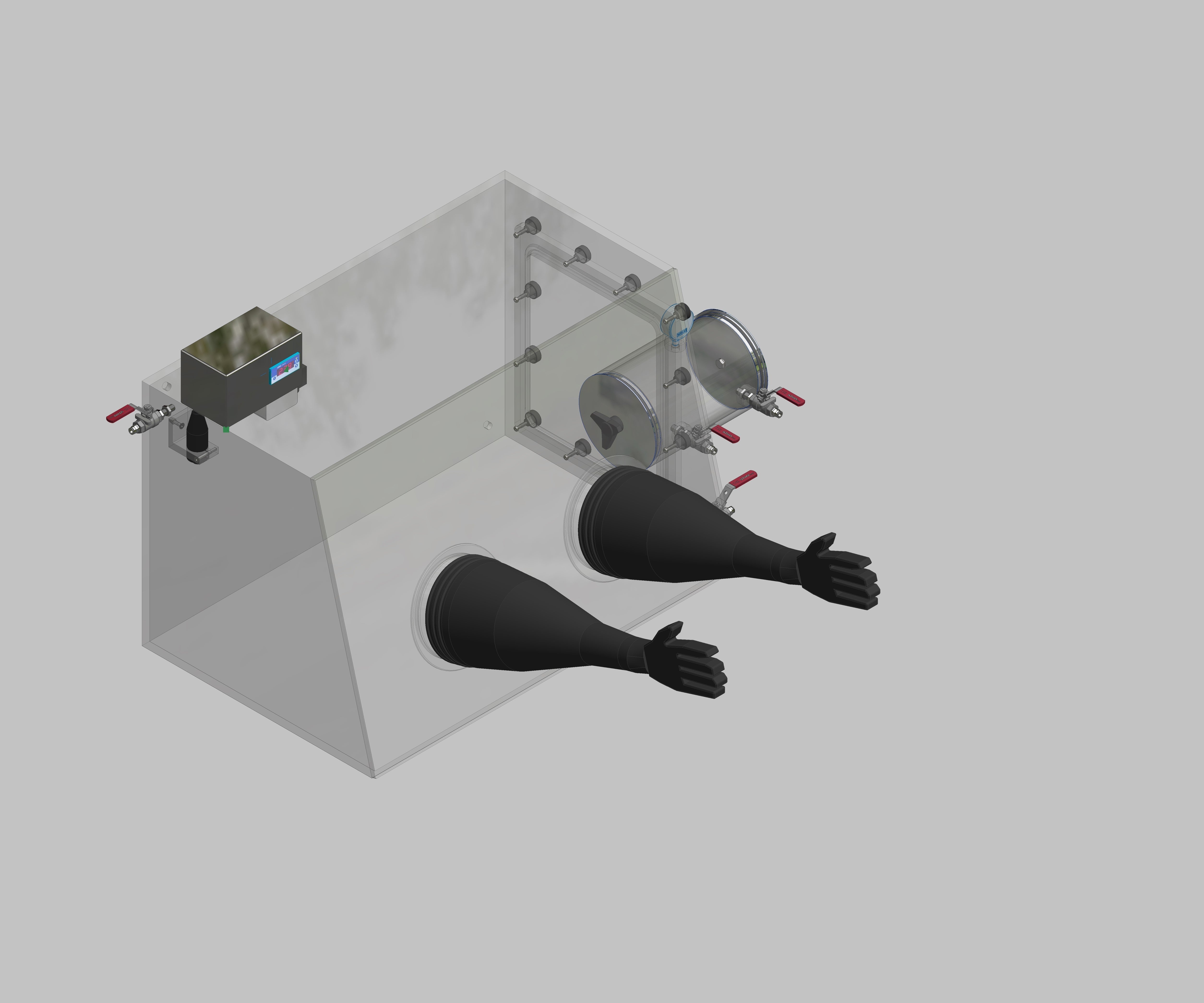 Glovebox aus Acryl> Gasbefüllung: Von Hand, Frontausführung: Standard, Seitenausführung: Vakuumschleuse rund, Steuerung: Sauerstoffanzeige