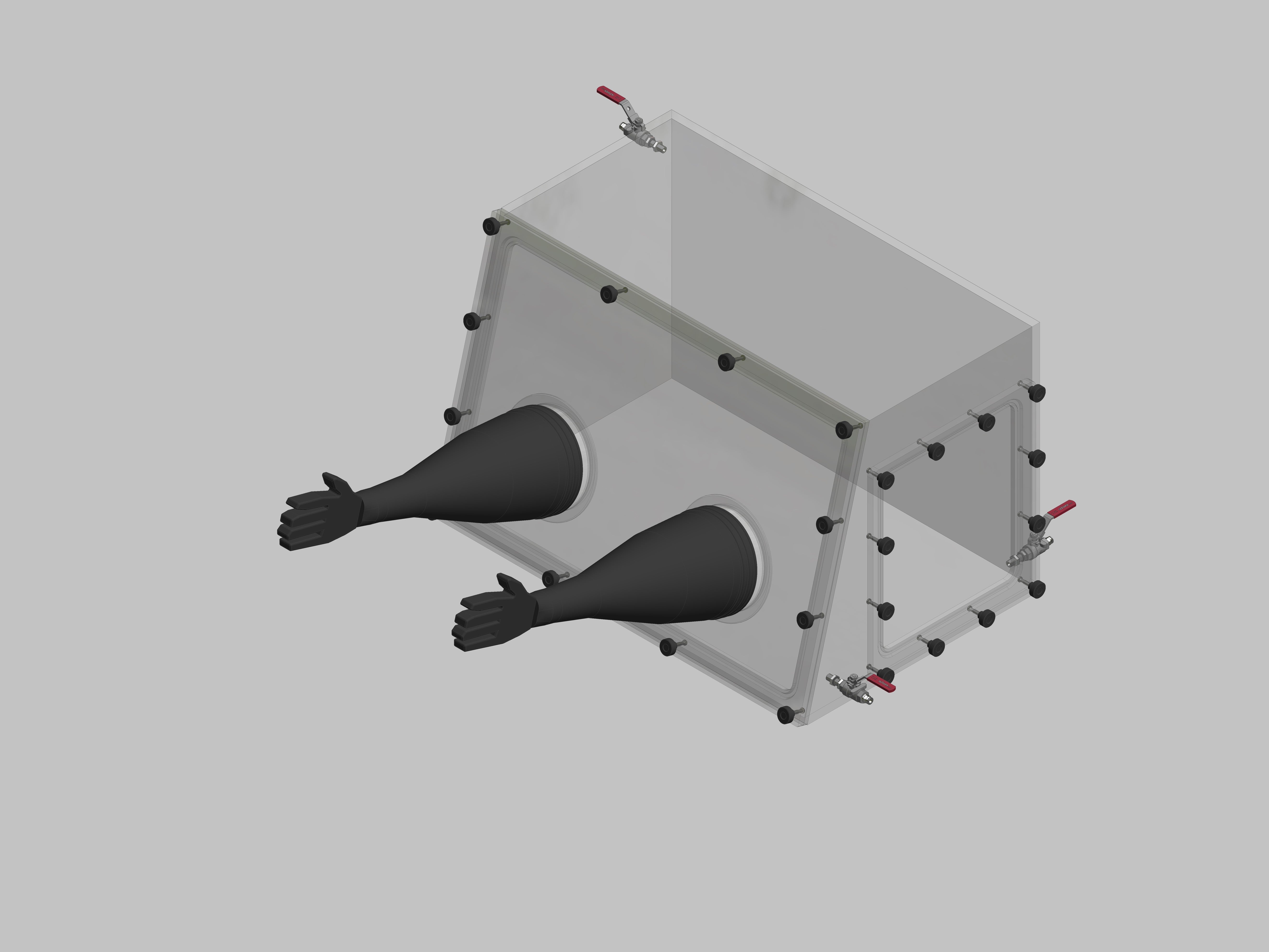 Glovebox aus Acryl> Gasbefüllung: Von Hand, Frontausführung: abnehmbar Seitenausführung: Flansch abnehmbar