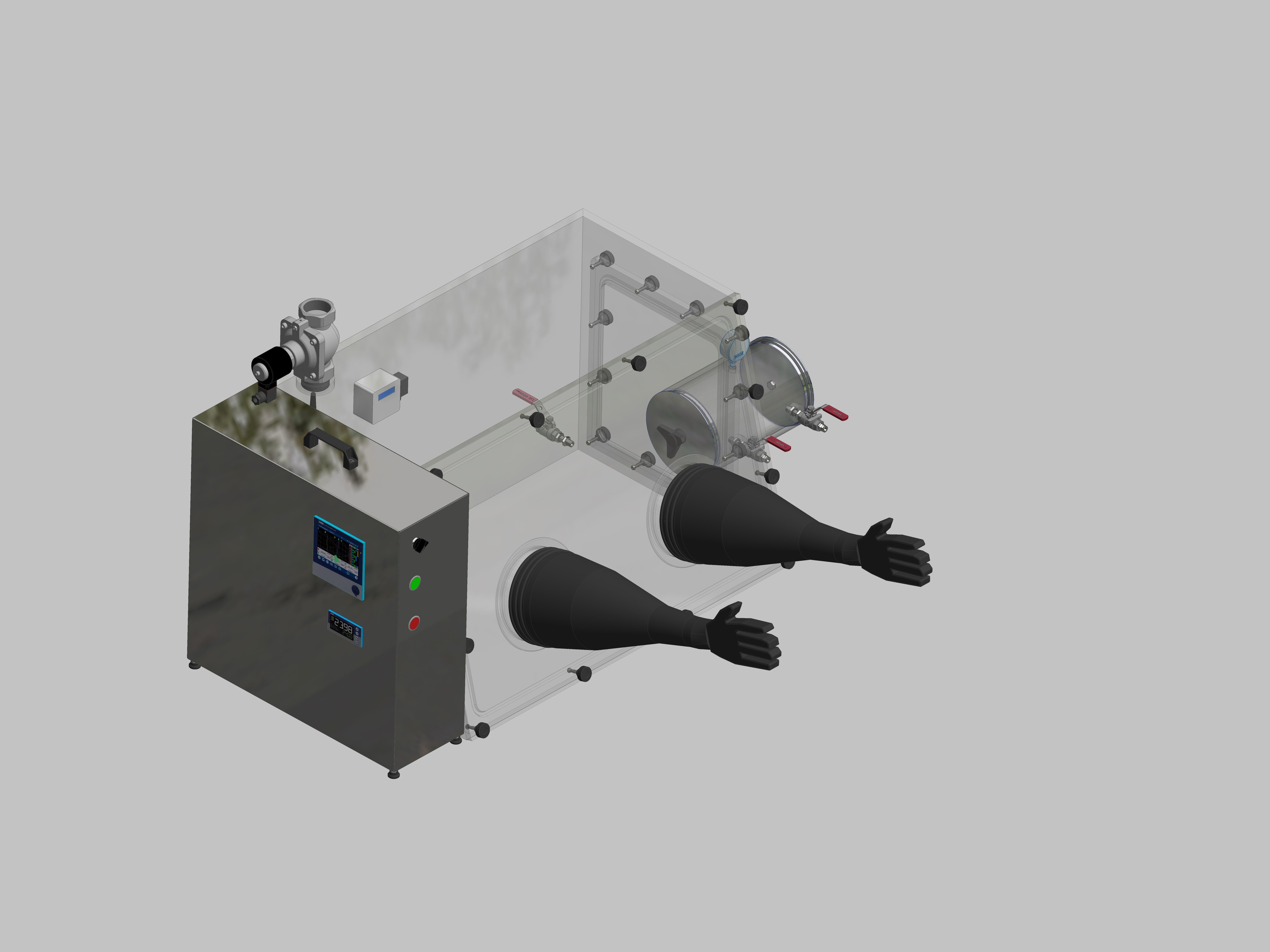 Glovebox made of acrylic> Gas filling: automatic flushing with pressure control, front design: removable, side design: round vacuum lock, control: oxygen regulator with data logger