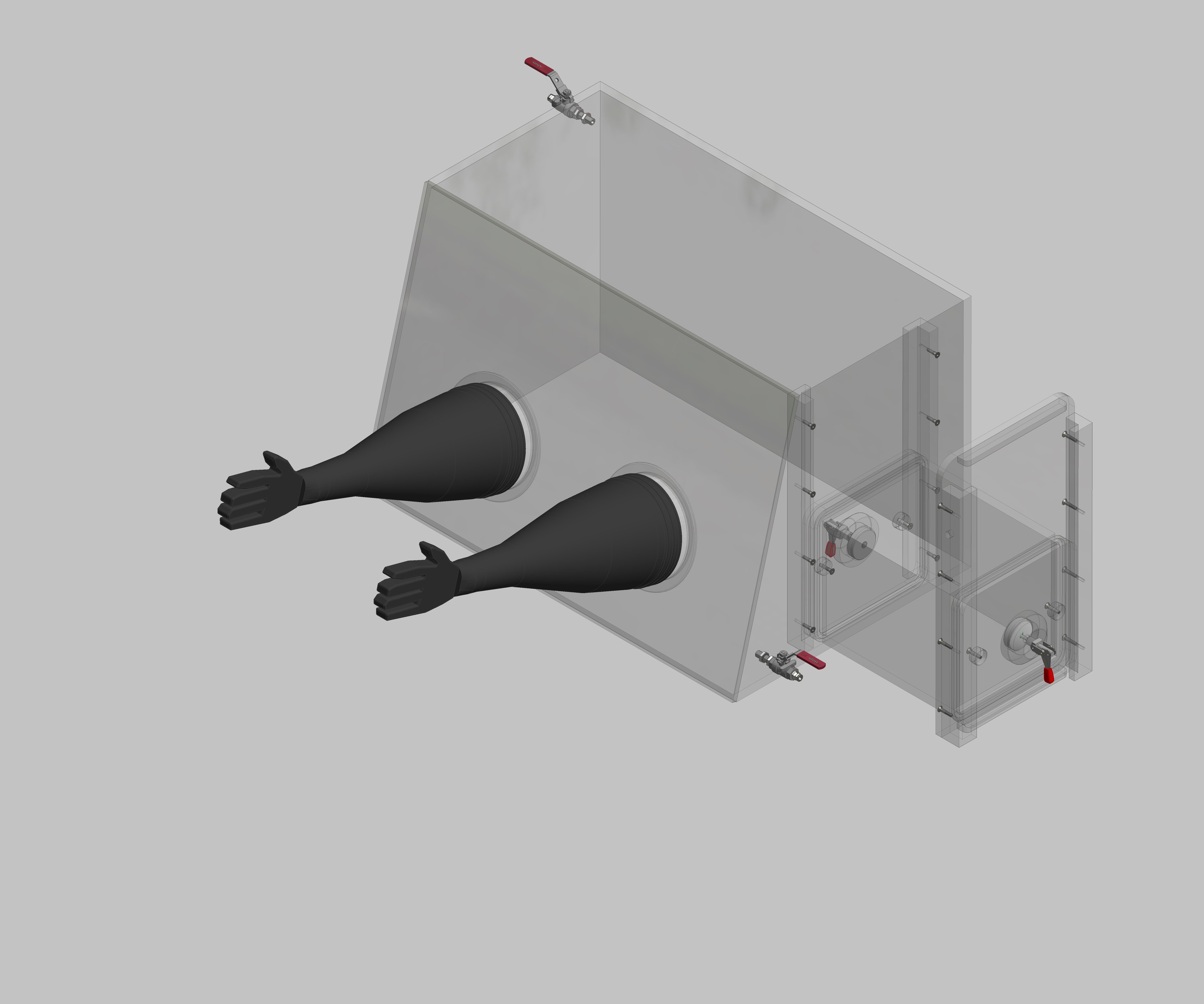 Glovebox aus Acryl> Gasbefüllung: Von Hand, Frontausführung: Standard, Seitenausführung: Rechteckschleuse