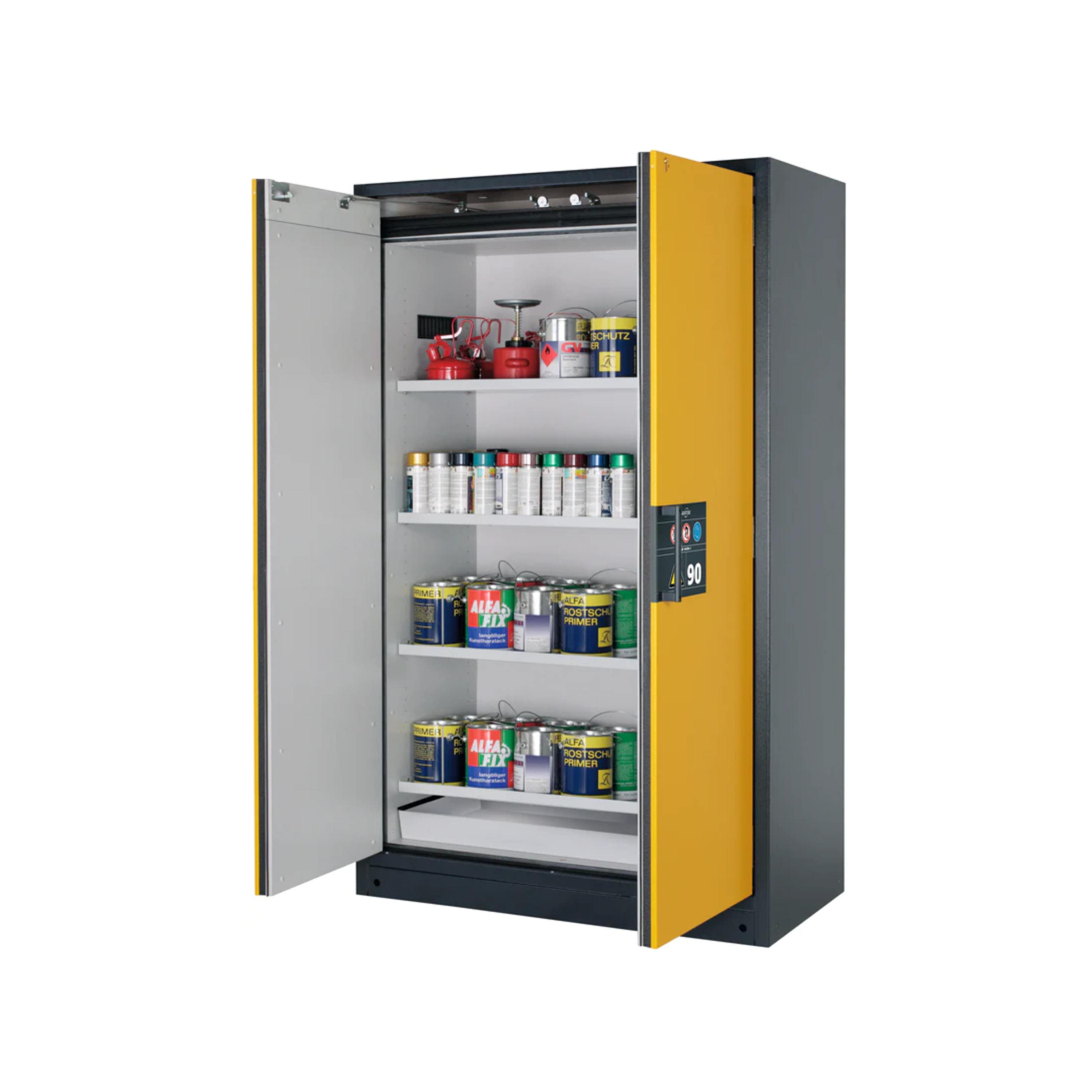 Type 90 safety storage cabinet Q-CLASSIC-90 model Q90.195.120 in warning yellow RAL 1004 with 4x shelf standard (sheet steel),