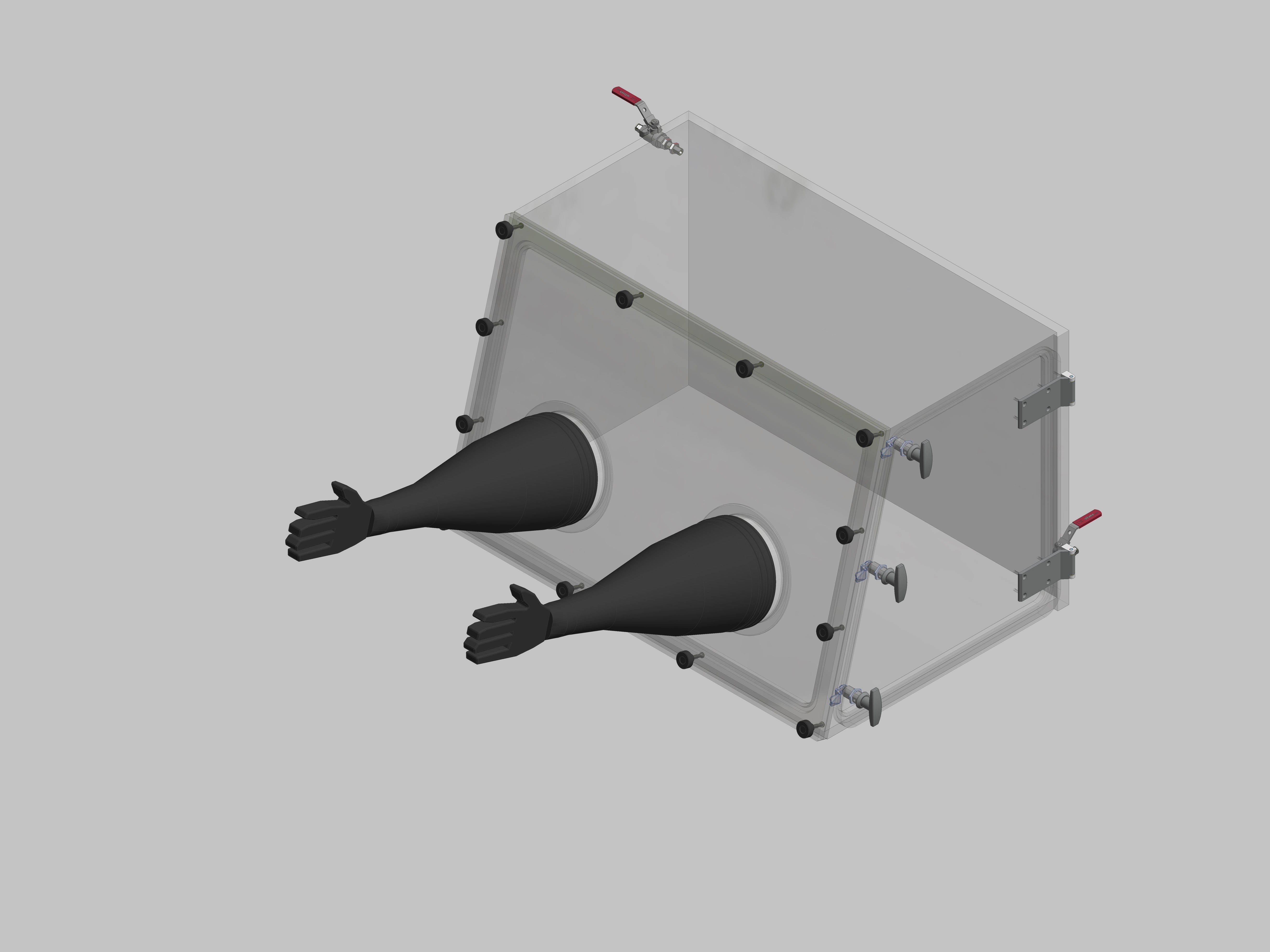 Glovebox aus Acryl> Gasbefüllung: Von Hand, Frontausführung: abnehmbar Seitenausführung: Flügeltüre