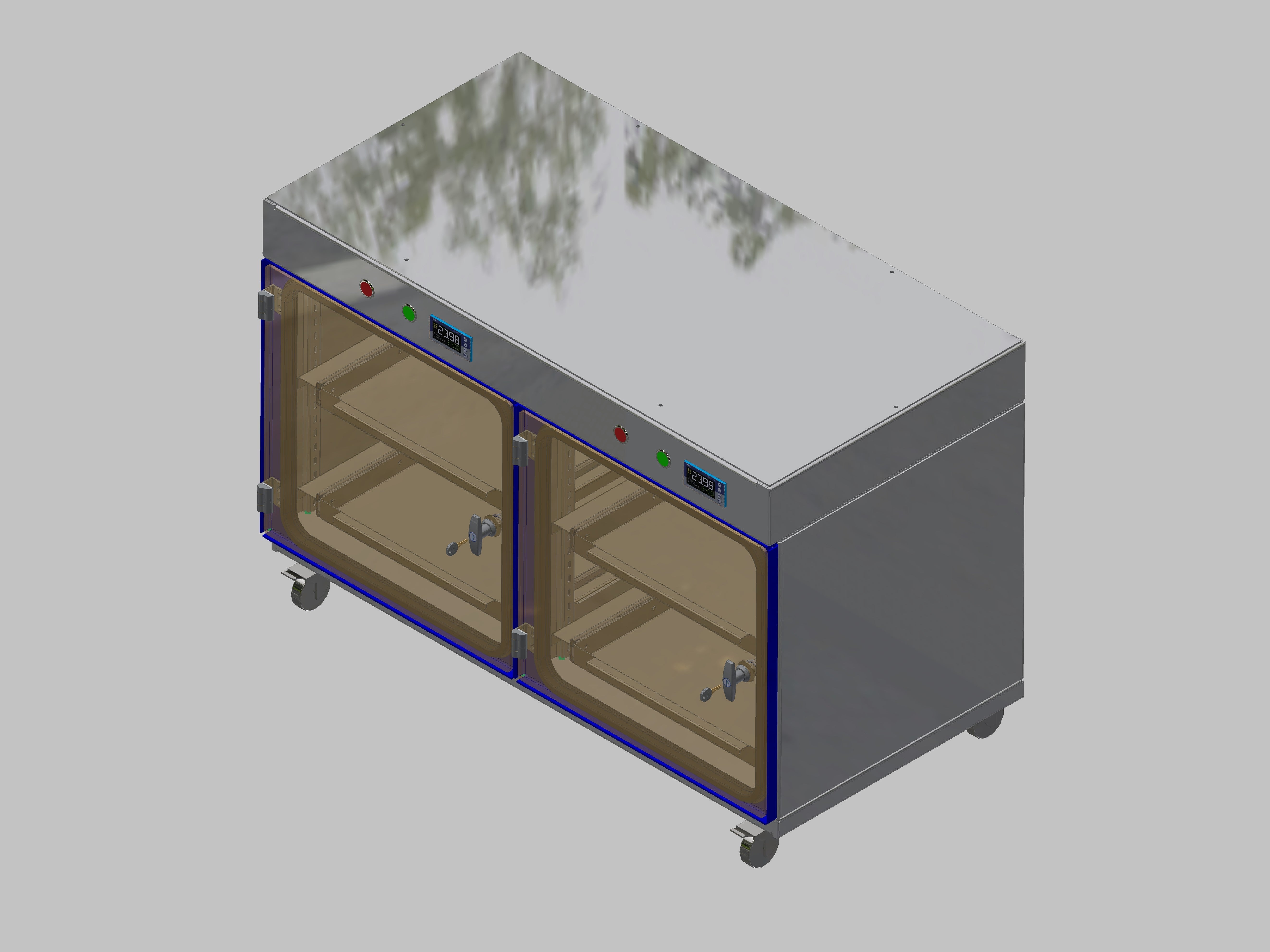 Trockenlagerschrank-ITN-1200-2 mit 2 Schubladen pro Kompartiment und Sockelauführung unterfahrbar mit Rollen, Regelung der Schrankatmosphäre pro Vertikalkompartiment
