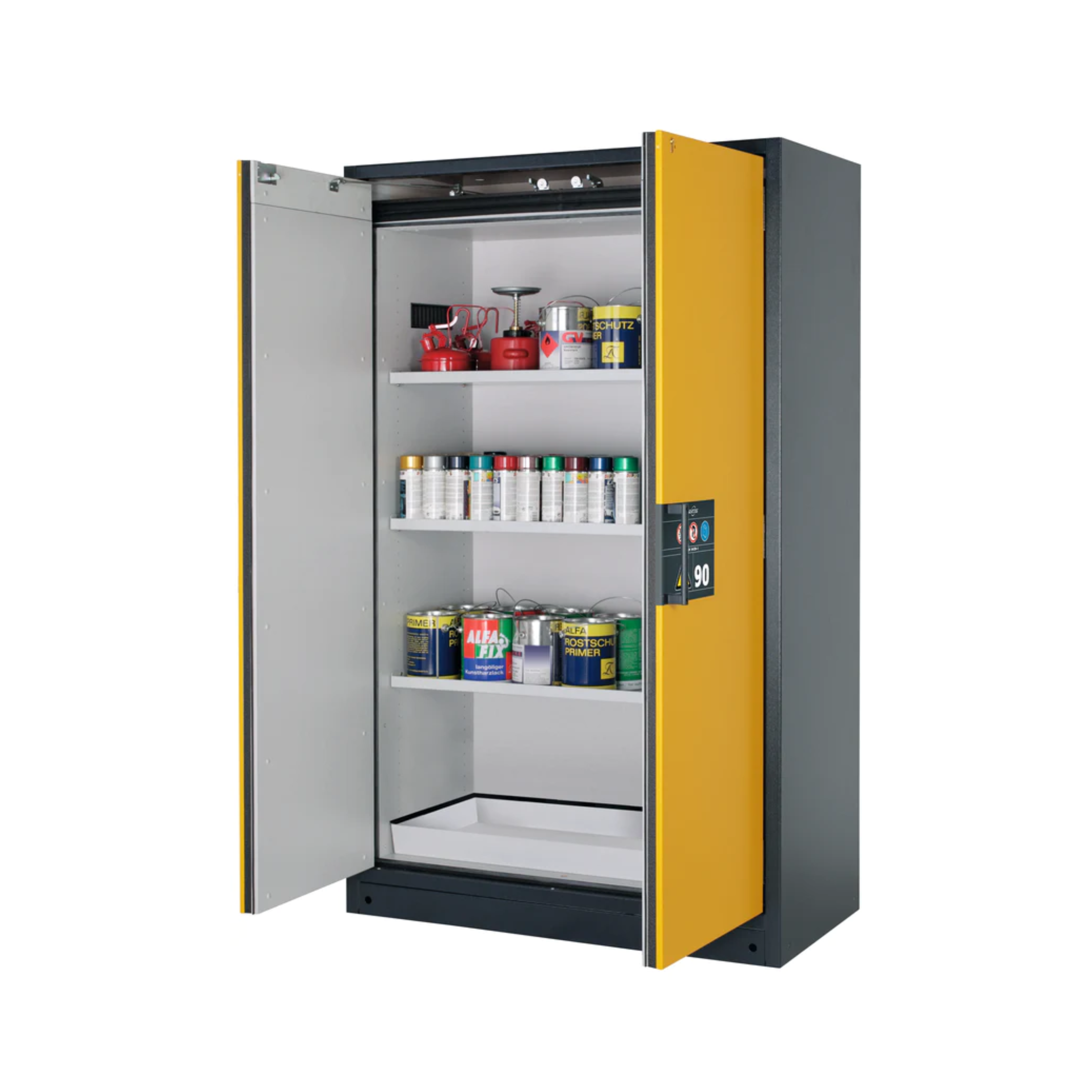 Type 90 safety storage cabinet Q-CLASSIC-90 model Q90.195.120 in warning yellow RAL 1004 with 3x shelf standard (sheet steel),