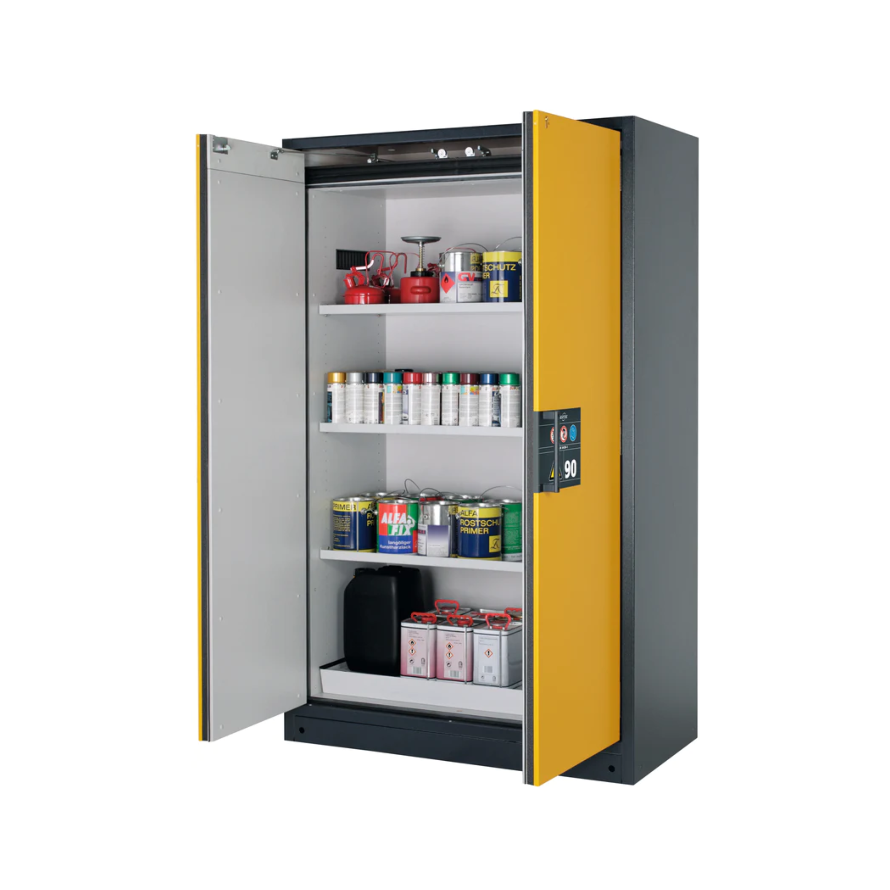 Type 90 safety storage cabinet Q-CLASSIC-90 model Q90.195.120 in warning yellow RAL 1004 with 3x shelf standard (sheet steel),