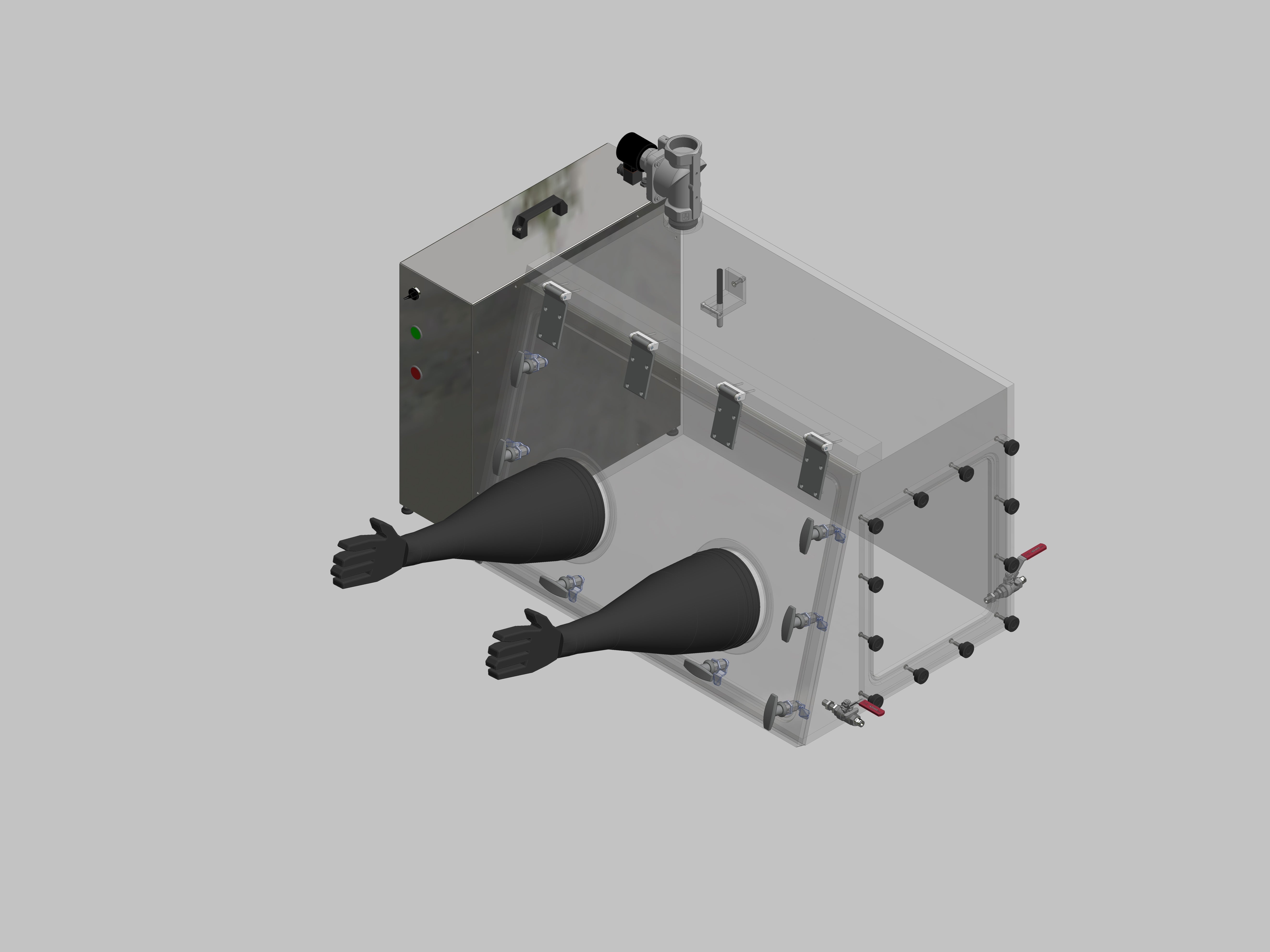 Glovebox aus Acryl> Gasbefüllung: Spülautomatik mit Druckregelung, Frontausführung: Schwenkbar nach oben, Seitenausführung: Flansch abnehmbar