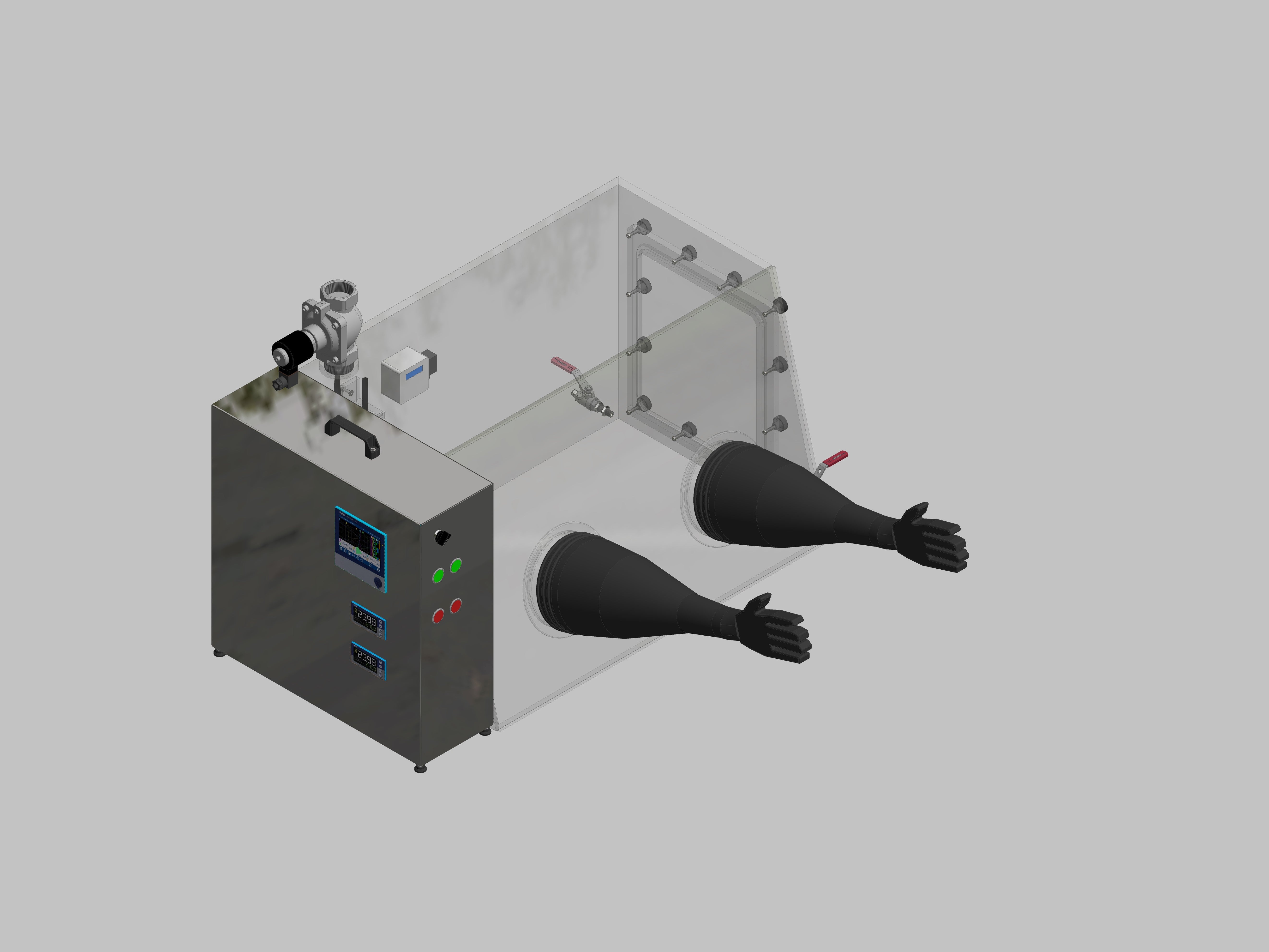 Glovebox aus Acryl> Gasbefüllung: Spülautomatik mit Druckregelung, Frontausführung: Standard, Seitenausführung: Flansch abnehmbar Steuerung: Feuchteregler und Sauerstoffanzeige mit Datenlogger