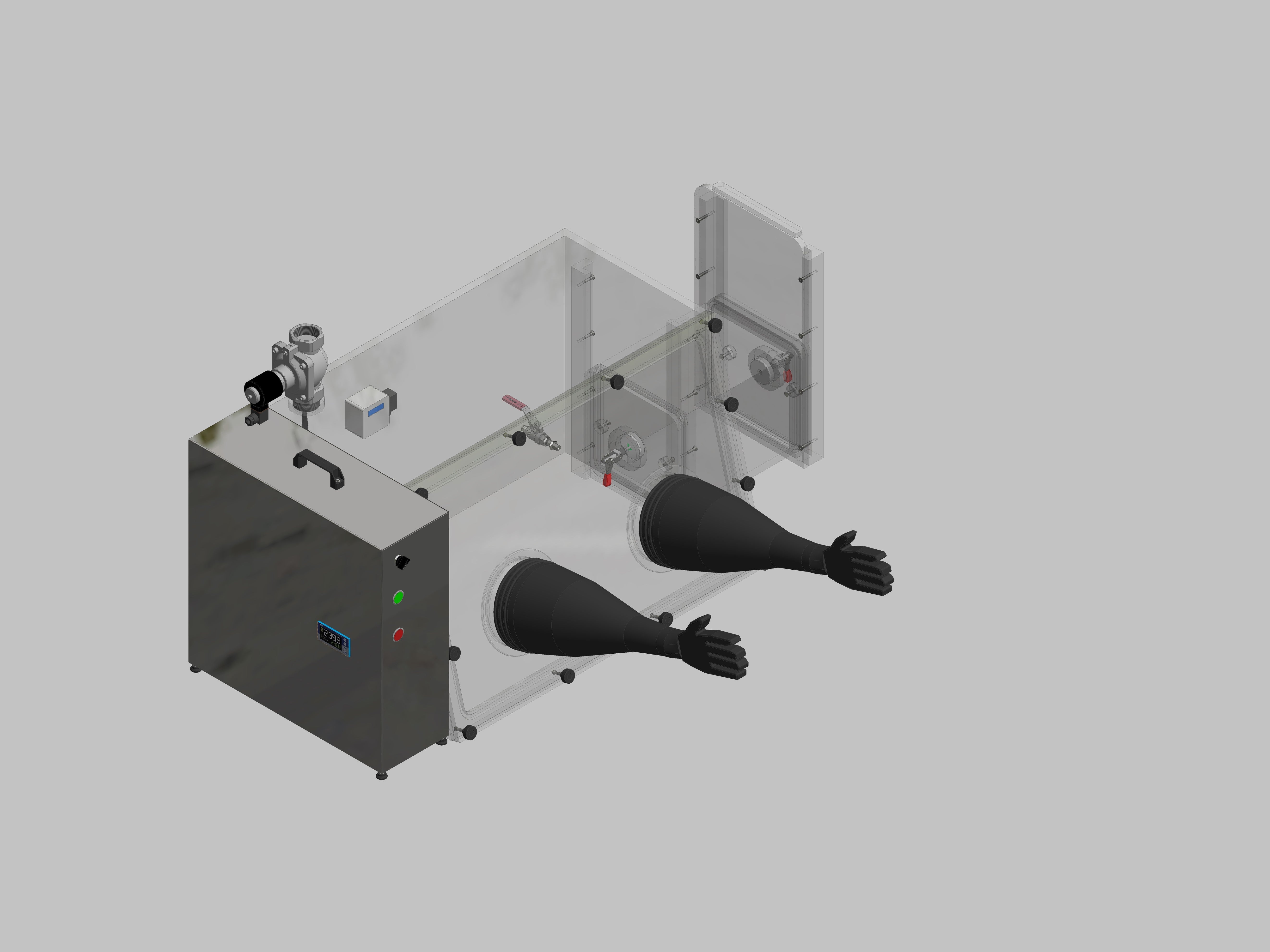 Glovebox aus Acryl> Gasbefüllung: Spülautomatik mit Druckregelung, Frontausführung: abnehmbar Seitenausführung: Rechteckschleuse Steuerung: Sauerstoffregler