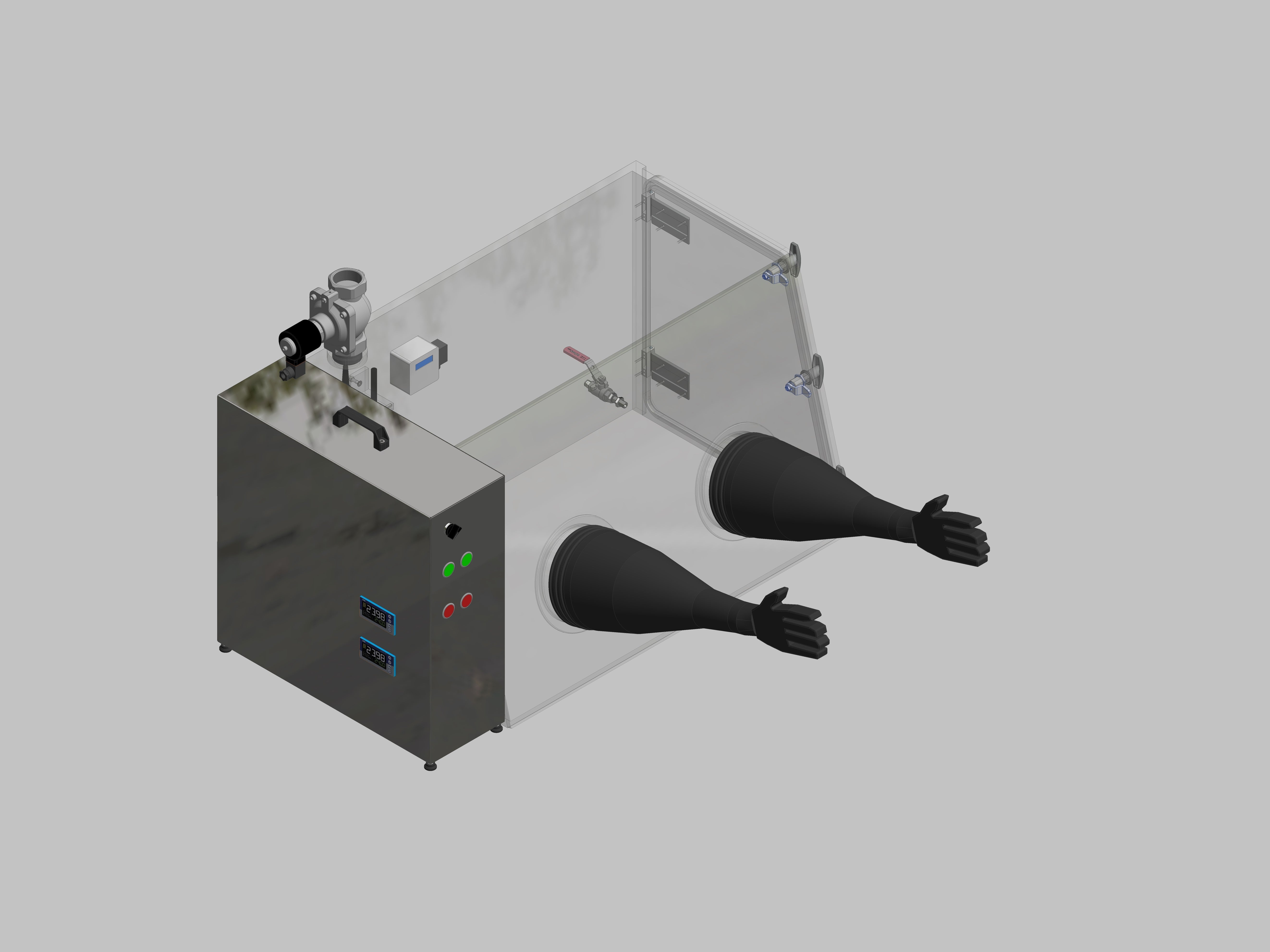 Glovebox aus Acryl> Gasbefüllung: Spülautomatik mit Druckregelung, Frontausführung: Standard, Seitenausführung: Flügeltüre Steuerung: Feuchteregler mit Sauerstoffanzeige