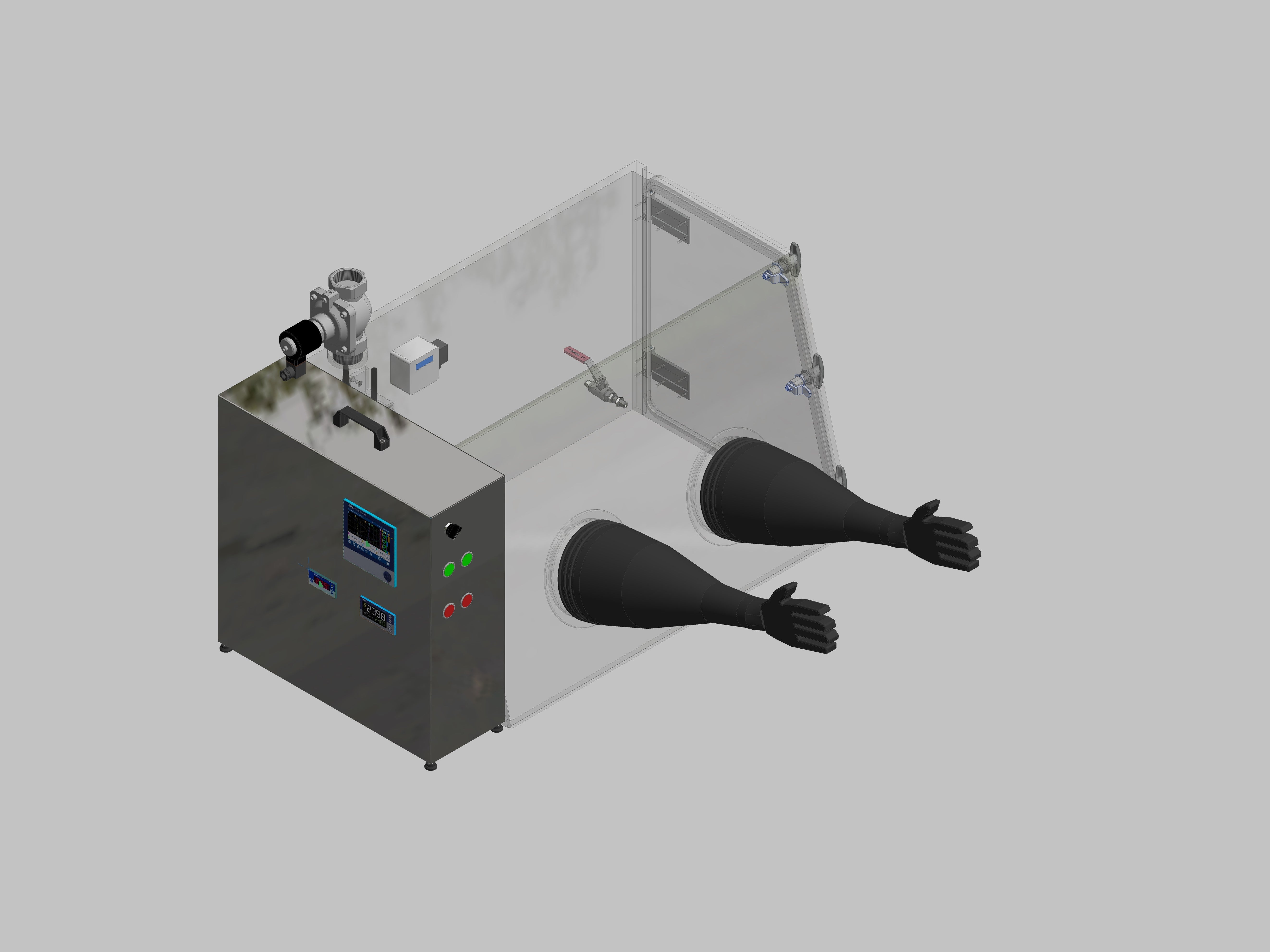 Glovebox aus Acryl> Gasbefüllung: Spülautomatik mit Druckregelung, Frontausführung: Standard, Seitenausführung: Flügeltüre Steuerung: Sauerstoffregler und Feuchteanzeige mit Datenlogger