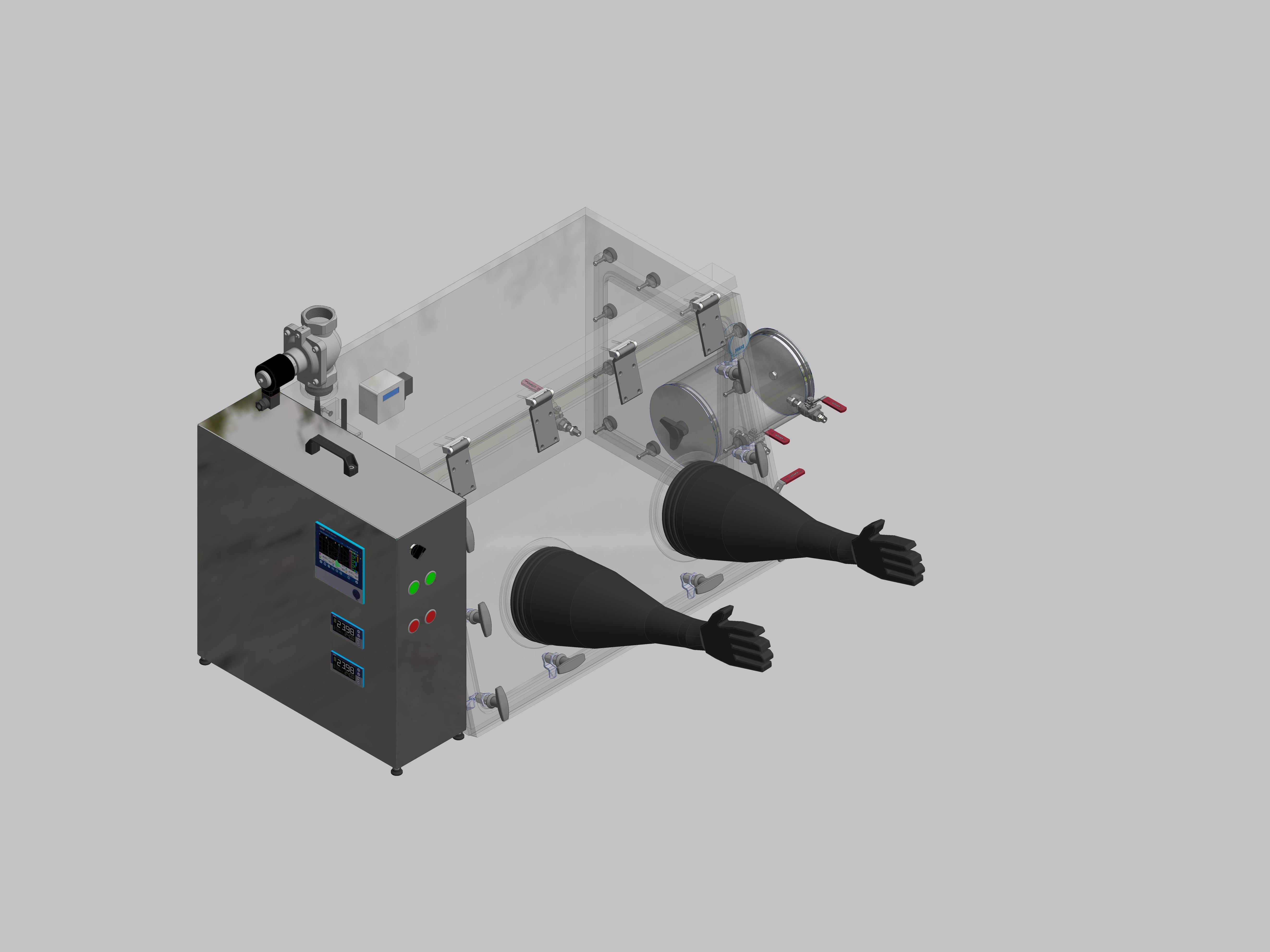 Glovebox aus Acryl> Gasbefüllung: Spülautomatik mit Druckregelung, Frontausführung: Schwenkbar nach oben, Seitenausführung: Vakuumschleuse rund, Steuerung: Sauerstoff-und Feuchteregler mit Datenlogger