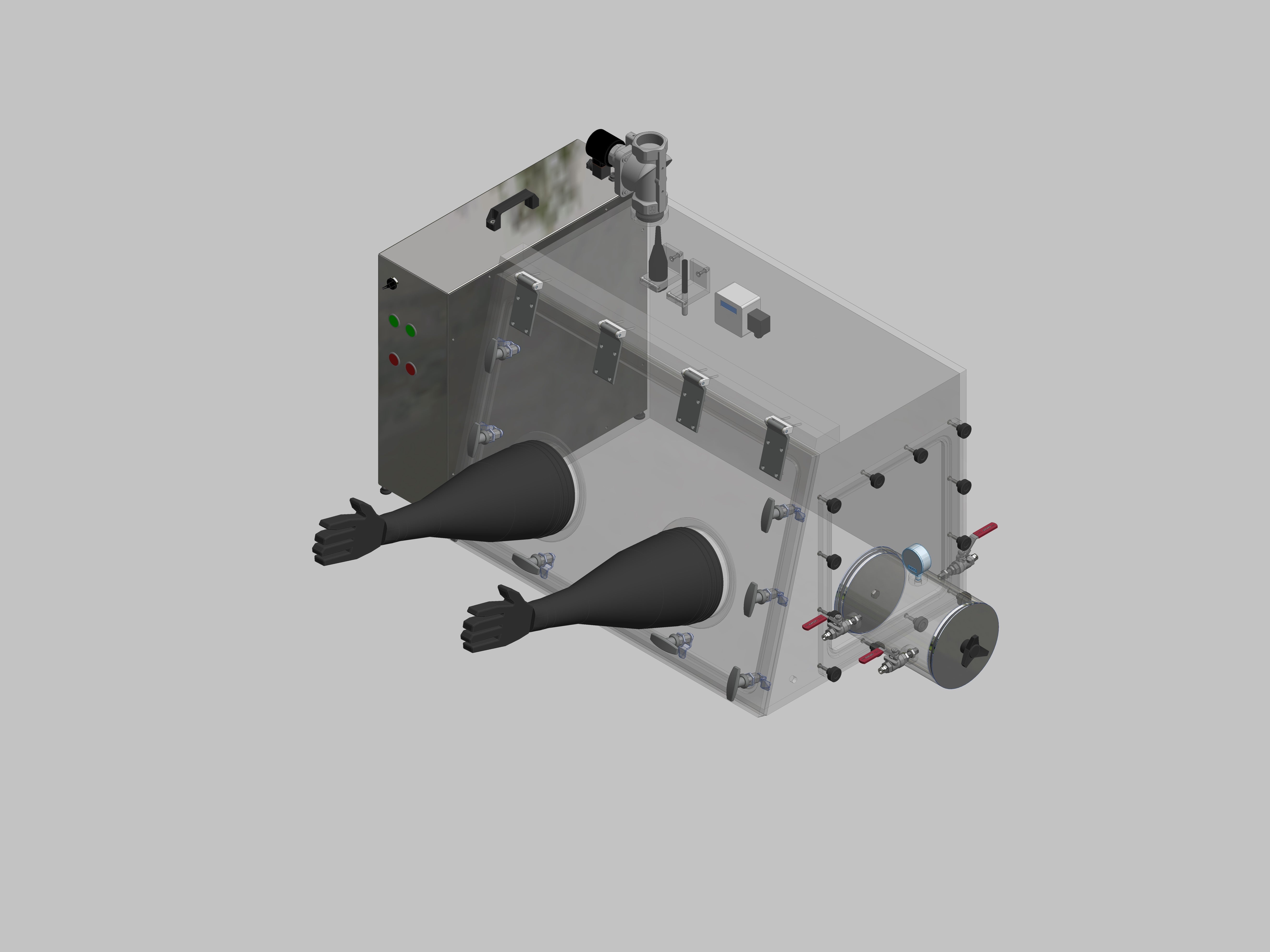 Glovebox aus Acryl> Gasbefüllung: Spülautomatik mit Druckregelung, Frontausführung: Schwenkbar nach oben, Seitenausführung: Vakuumschleuse rund, Steuerung: Sauerstoffregler mit Feuchteanzeige