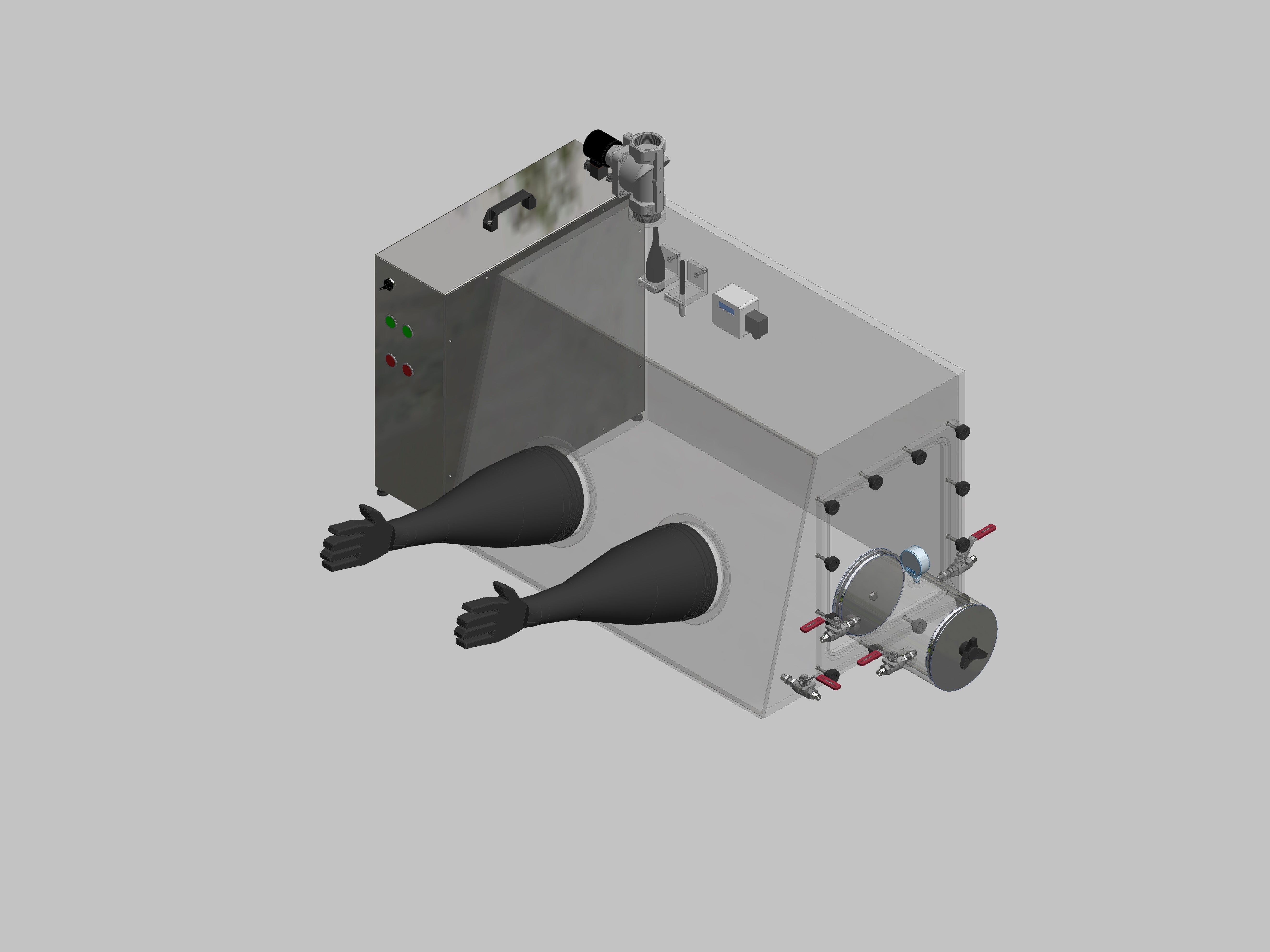 Glovebox aus Acryl> Gasbefüllung: Spülautomatik mit Druckregelung, Frontausführung: Standard, Seitenausführung: Vakuumschleuse rund, Steuerung: Sauerstoffregler und Feuchteanzeige mit Datenlogger