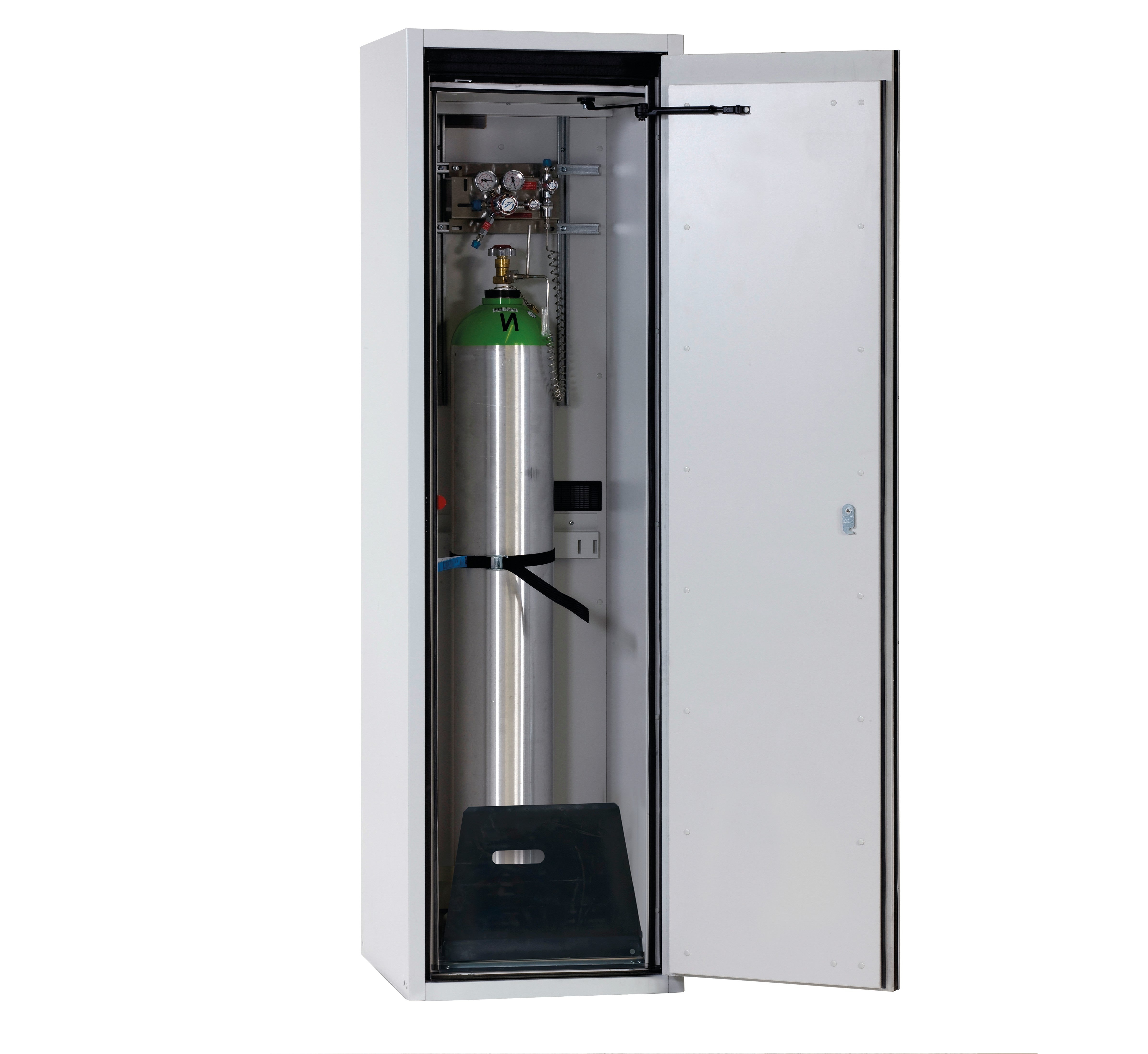 Type 90 compressed gas bottle cabinet G-ULTIMATE-90 model G90.205.060.R in light gray RAL 7035 with standard interior fittings for 1x compressed gas bottles of 50 liters each
