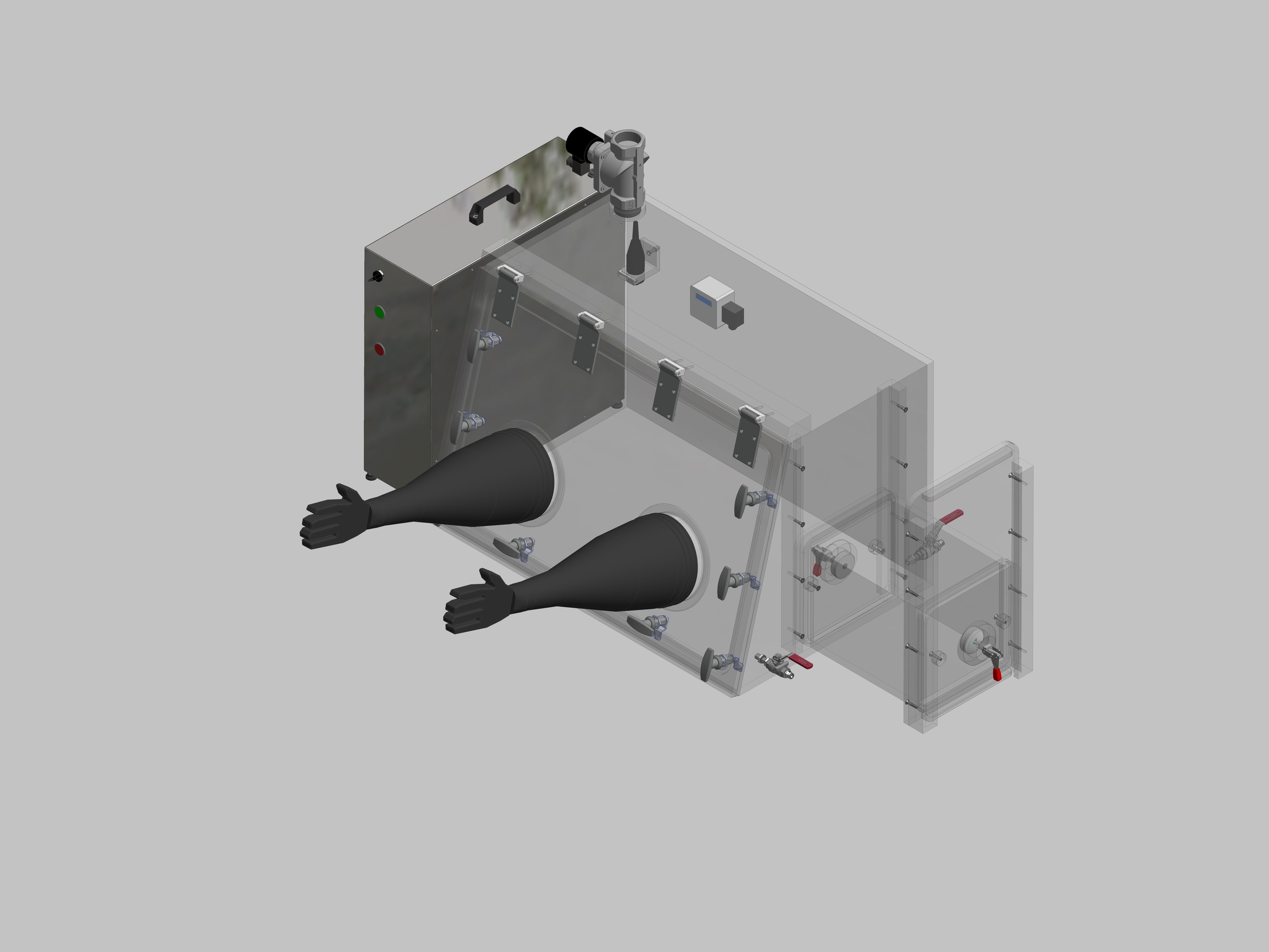 Glovebox aus Acryl> Gasbefüllung: Spülautomatik mit Druckregelung, Frontausführung: Schwenkbar nach oben, Seitenausführung: Rechteckschleuse Steuerung: Sauerstoffregler mit Datenlogger