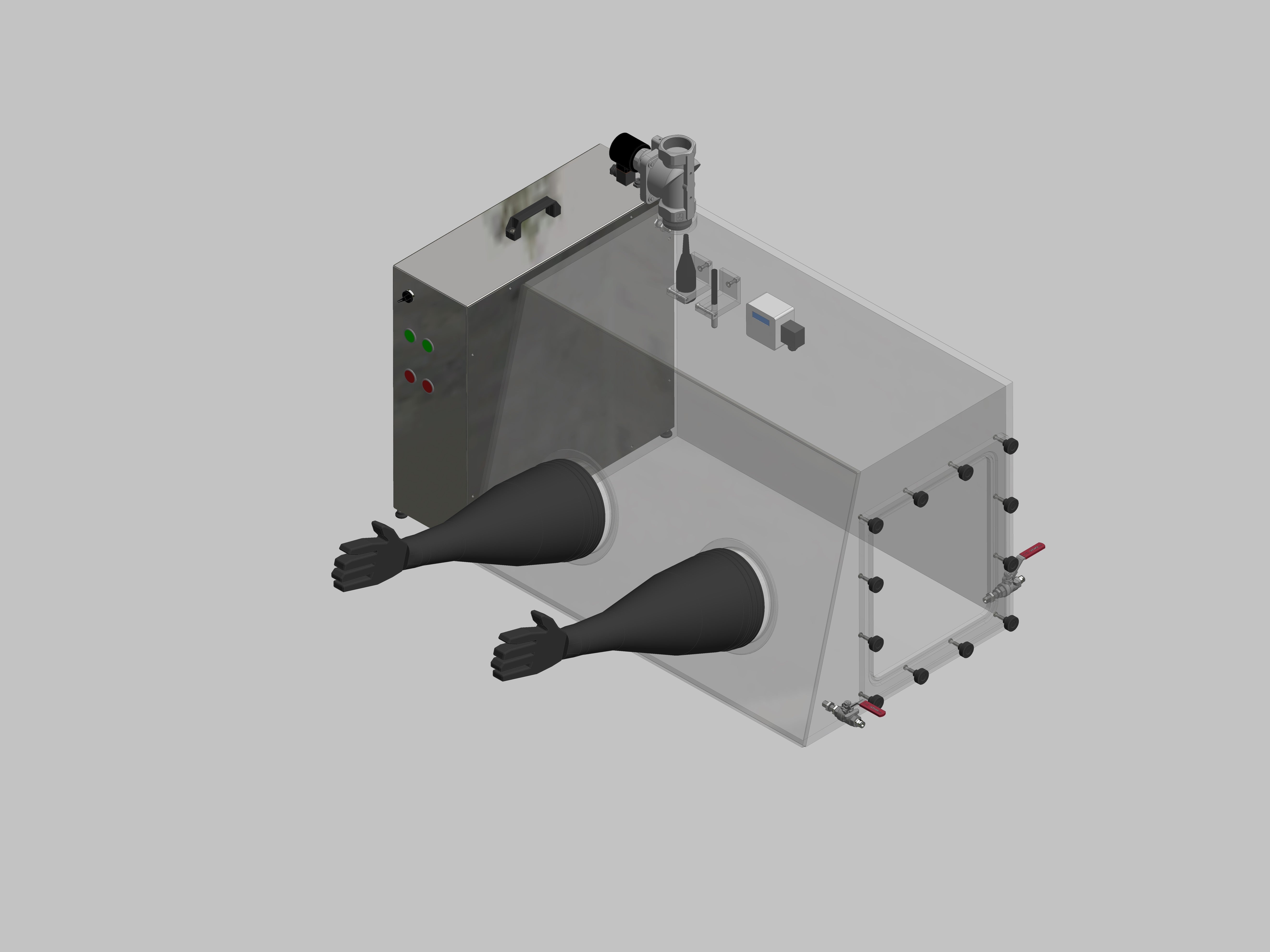 Glovebox aus Acryl> Gasbefüllung: Spülautomatik mit Druckregelung, Frontausführung: Standard, Seitenausführung: Flansch abnehmbar Steuerung: Feuchteregler mit Sauerstoffanzeige