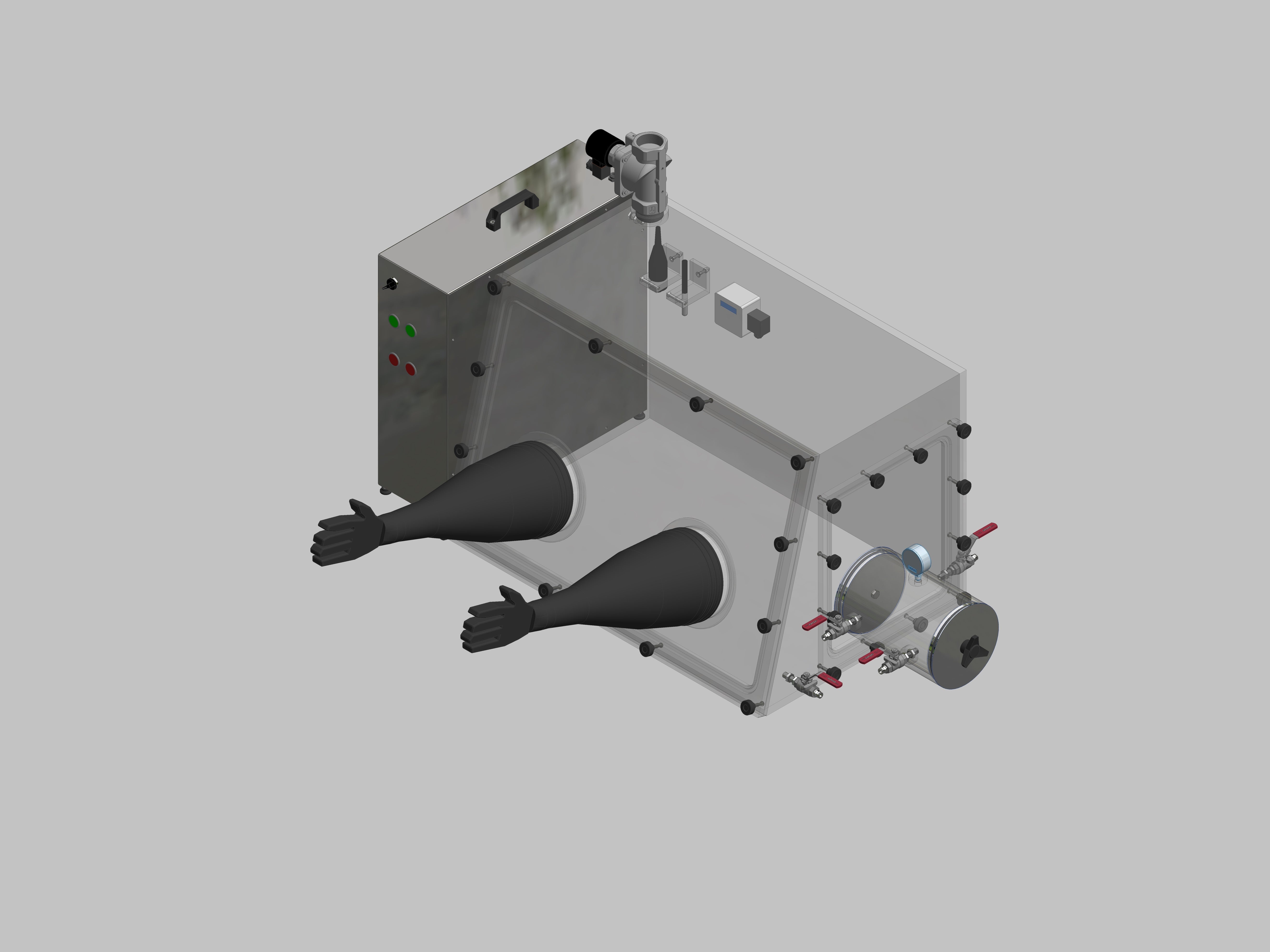 Glovebox aus Acryl> Gasbefüllung: Spülautomatik mit Druckregelung, Frontausführung: abnehmbar Seitenausführung: Vakuumschleuse rund, Steuerung: Feuchteregler und Sauerstoffanzeige mit Datenlogger