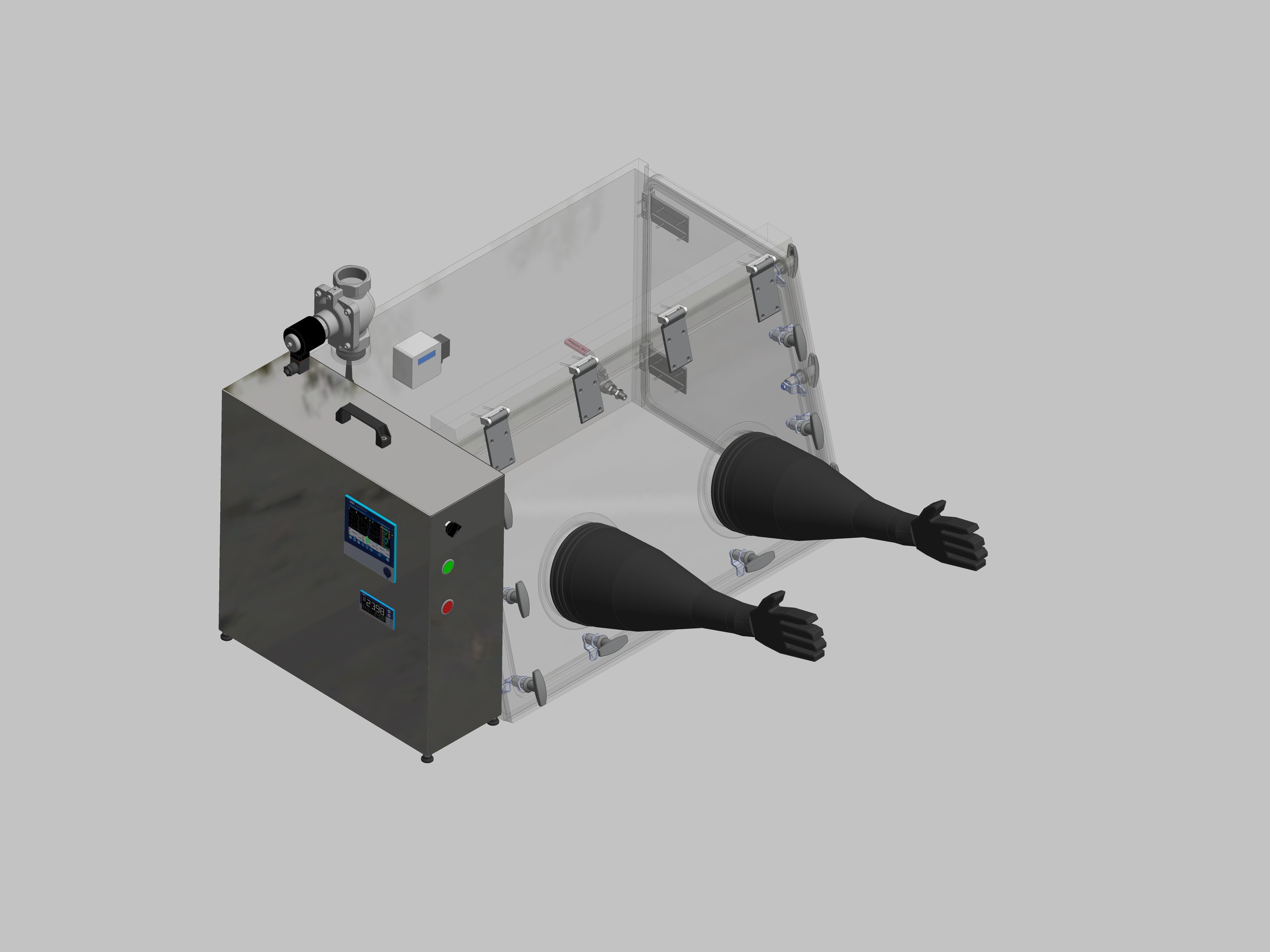 Glovebox aus Acryl> Gasbefüllung: Spülautomatik mit Druckregelung, Frontausführung: Schwenkbar nach oben, Seitenausführung: Flügeltüre Steuerung: Sauerstoffregler mit Datenlogger