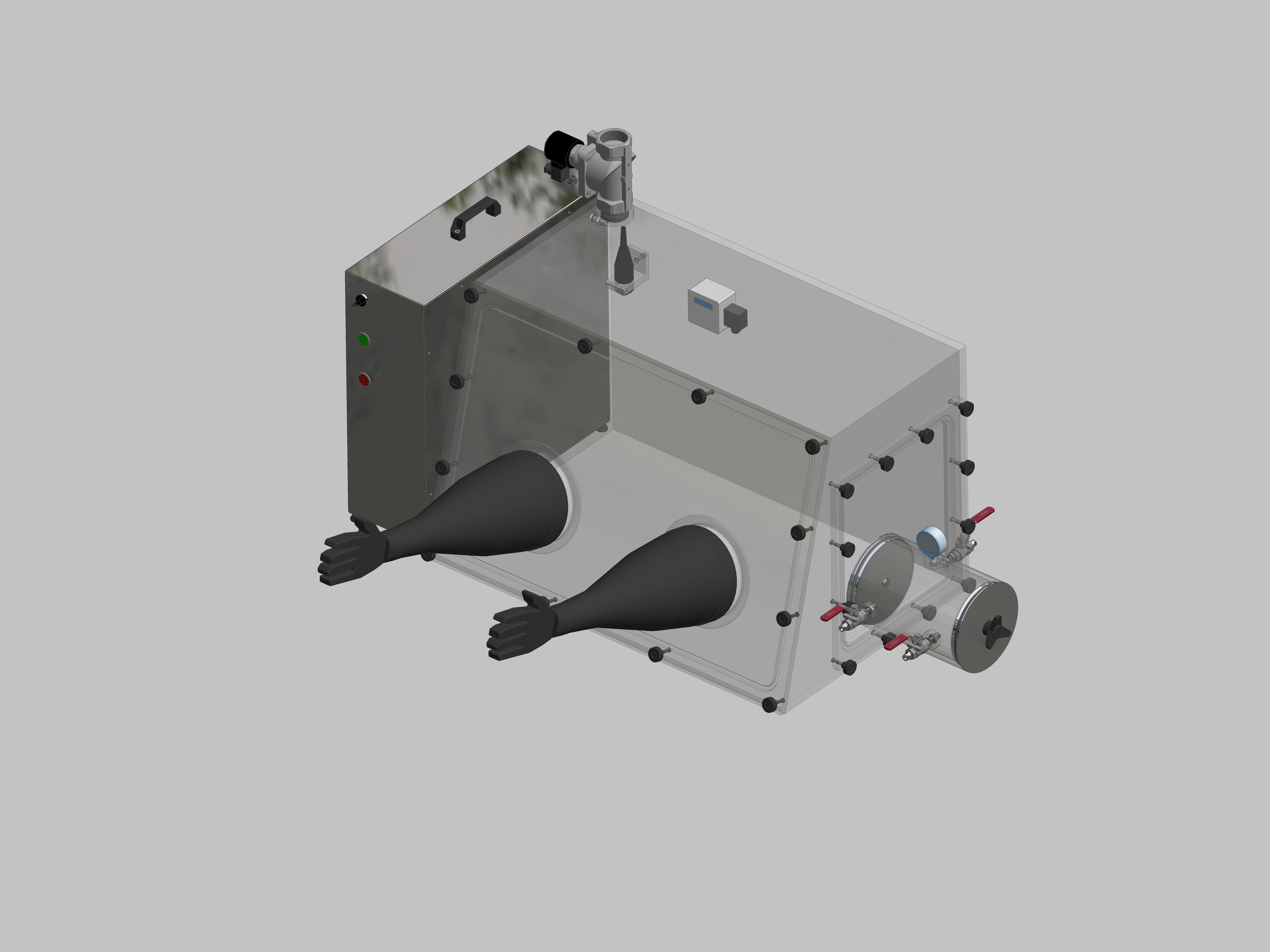 Glovebox aus Acryl> Gasbefüllung: Spülautomatik mit Druckregelung, Frontausführung: abnehmbar Seitenausführung: Vakuumschleuse rund, Steuerung: Sauerstoffregler