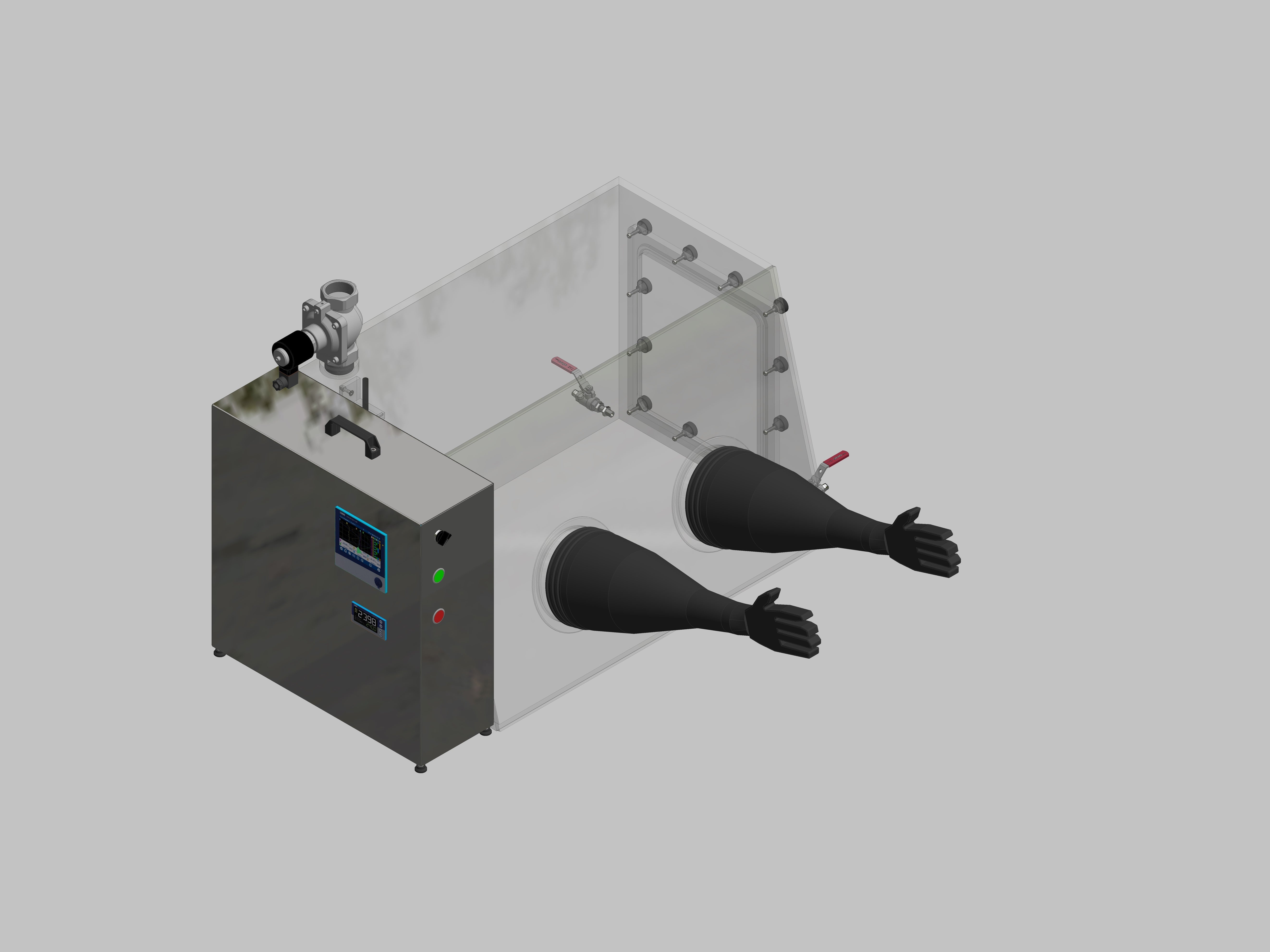Glovebox aus Acryl> Gasbefüllung: Spülautomatik mit Druckregelung, Frontausführung: Standard, Seitenausführung: Flansch abnehmbar Steuerung: Feuchteregler mit Datenlogger