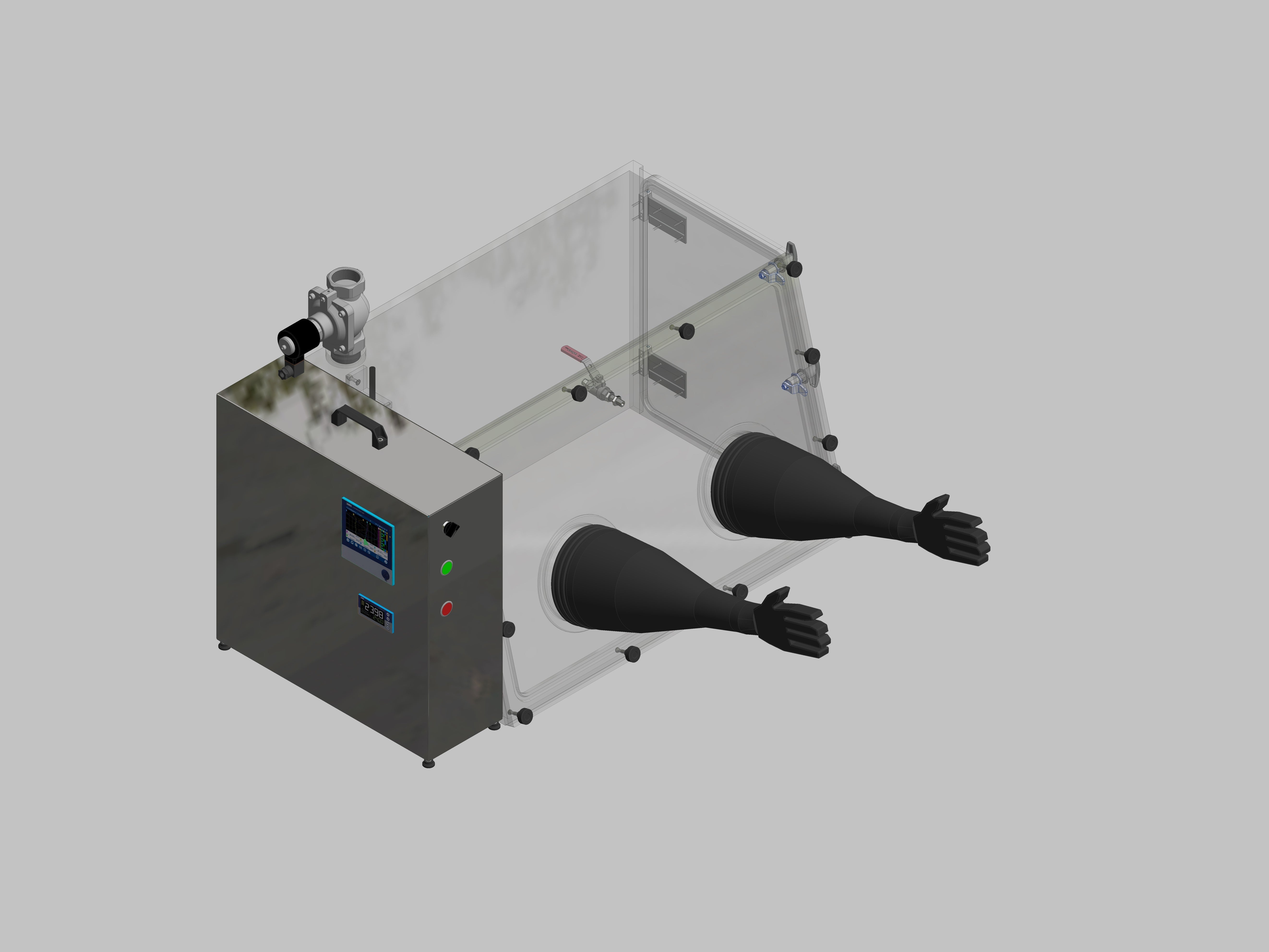 Glovebox made of acrylic&gt; Gas filling: automatic flushing with pressure control, front design: removable, side design: hinged doors, control: humidity controller with data logger