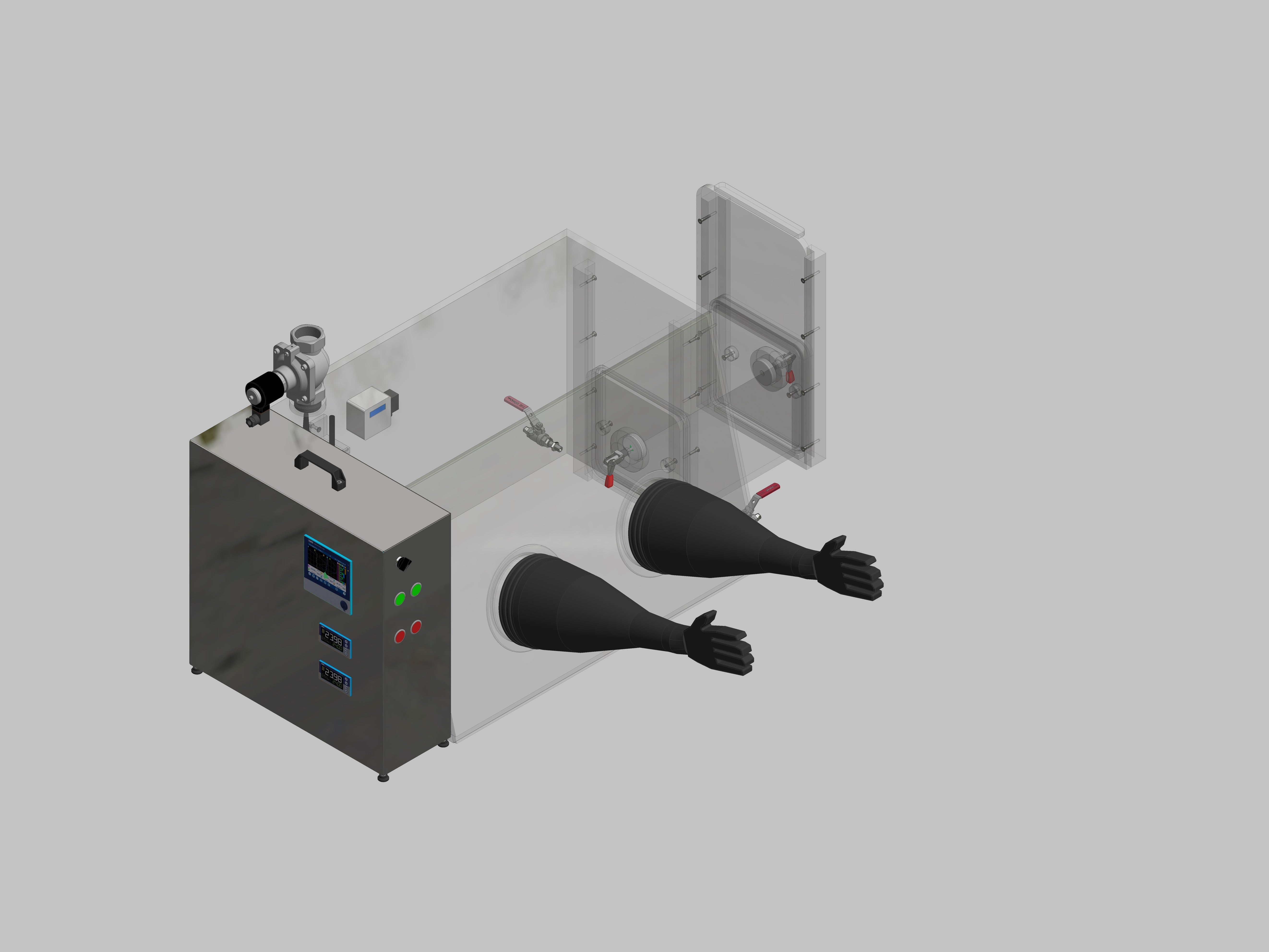 Glovebox aus Acryl> Gasbefüllung: Spülautomatik mit Druckregelung, Frontausführung: Standard, Seitenausführung: Rechteckschleuse Steuerung: Sauerstoff-und Feuchteregler mit Datenlogger