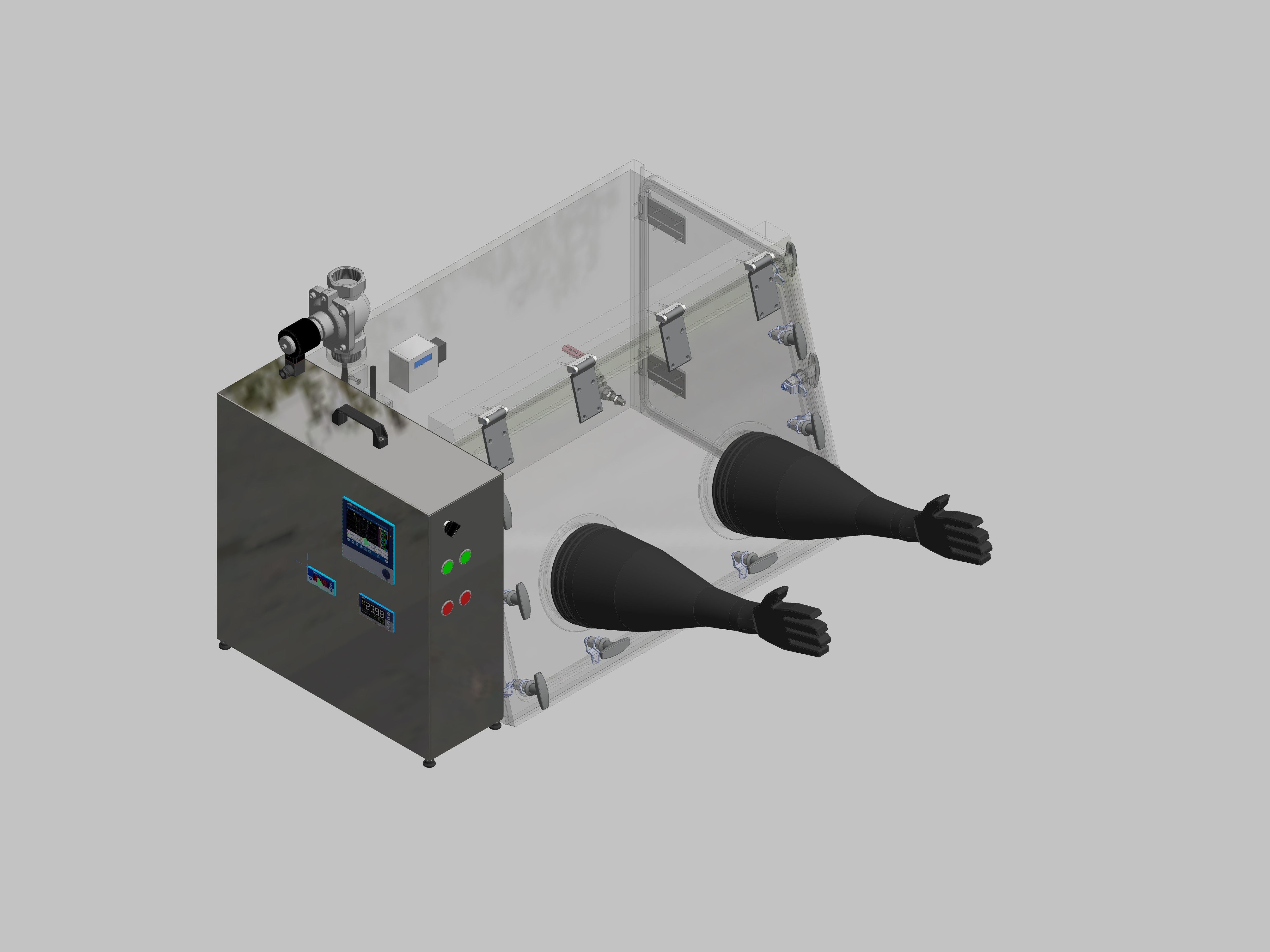 Glovebox made of acrylic&gt; Gas filling: Automatic flushing with pressure control, Front version: Pivoting upwards, Side version: Wing doors Control: Oxygen regulator and humidity display with data logger
