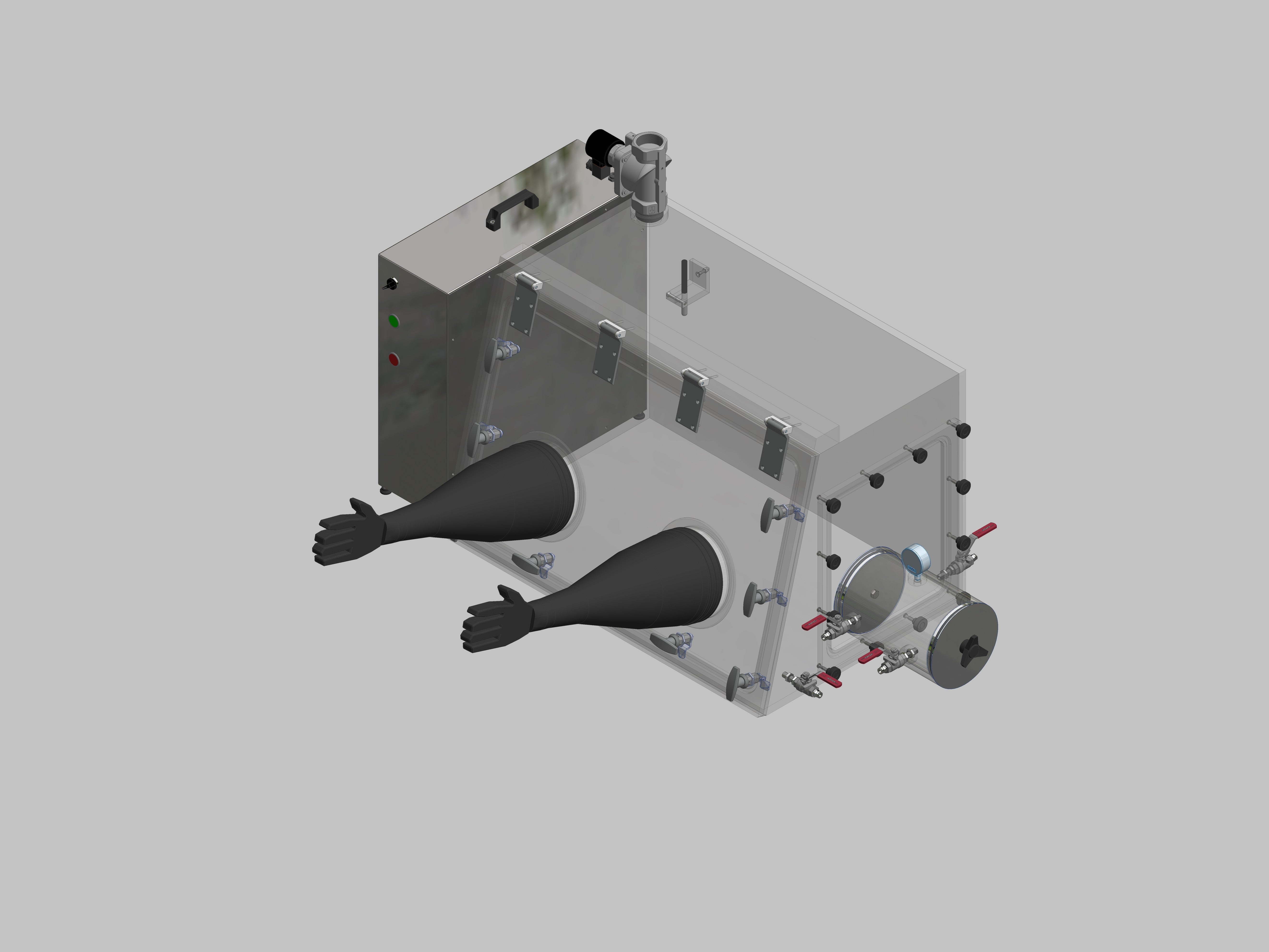 Glovebox aus Acryl> Gasbefüllung: Spülautomatik mit Druckregelung, Frontausführung: Schwenkbar nach oben, Seitenausführung: Vakuumschleuse rund, Steuerung: Feuchteregler mit Datenlogger