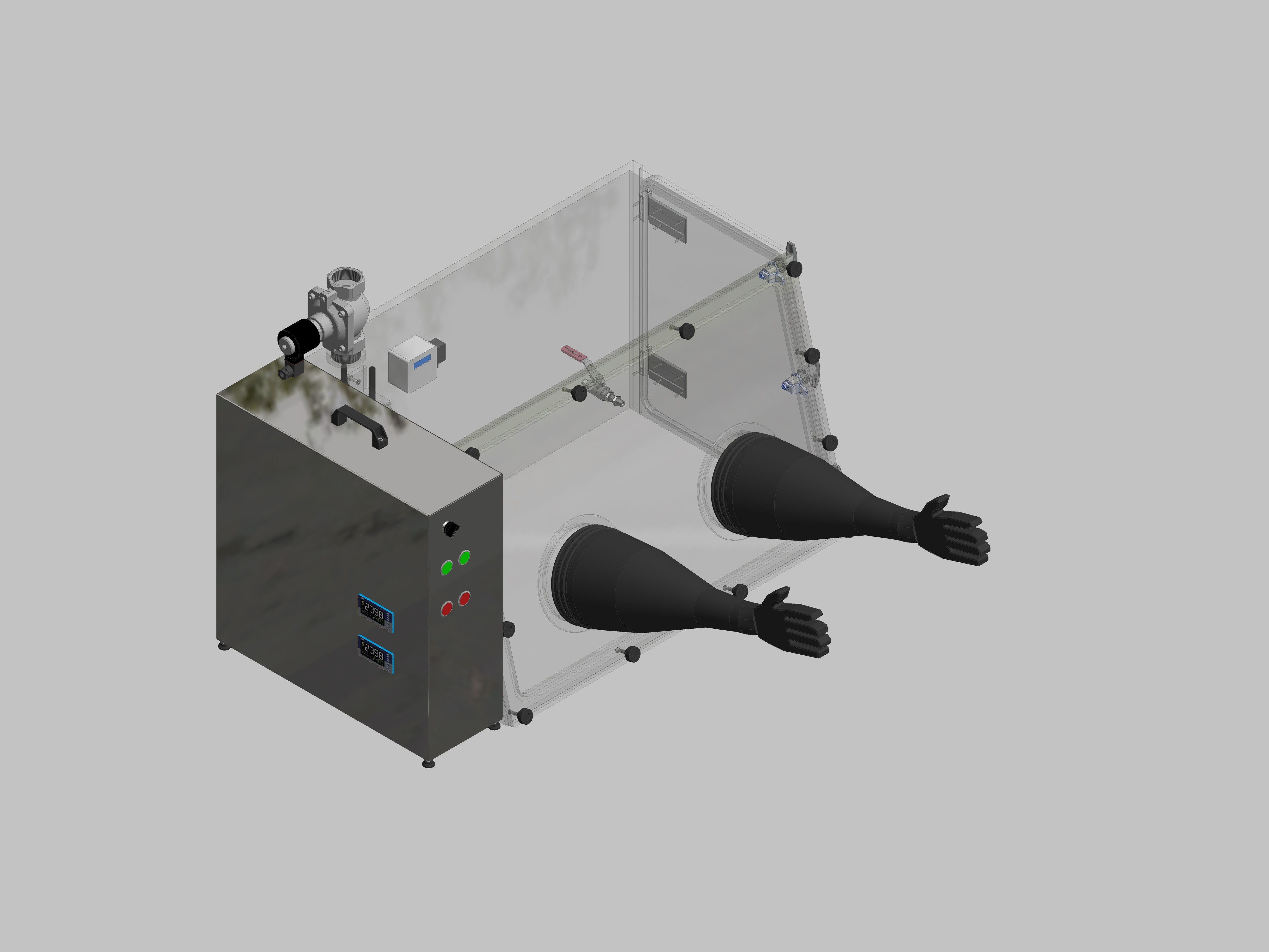 Glovebox aus Acryl> Gasbefüllung: Spülautomatik mit Druckregelung, Frontausführung: abnehmbar Seitenausführung: Flügeltüre Steuerung: Sauerstoff- und Feuchteregler