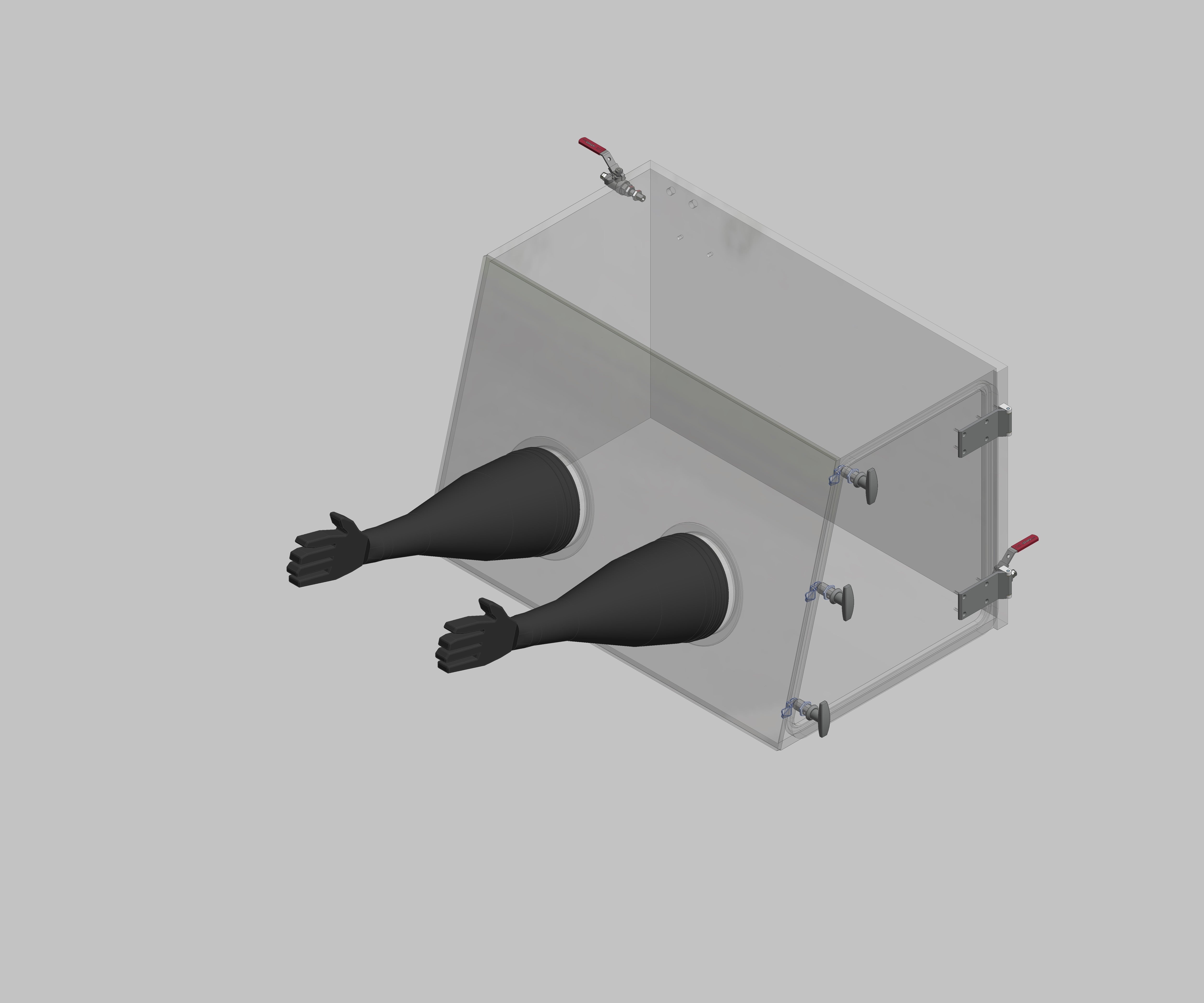 Glovebox aus Acryl> Gasbefüllung: Von Hand, Frontausführung: Standard, Seitenausführung: Flügeltüre