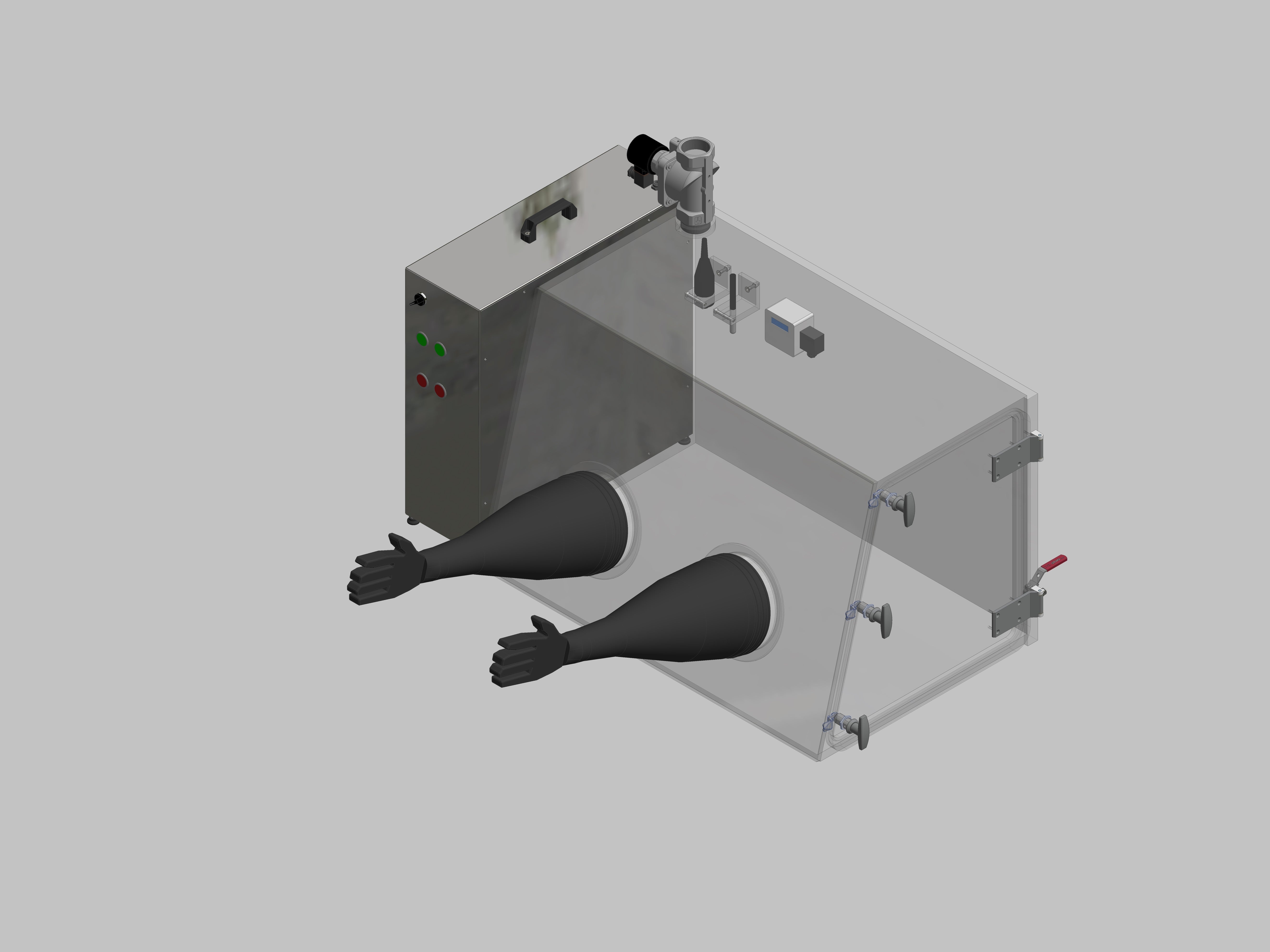 Glovebox aus Acryl> Gasbefüllung: Spülautomatik mit Druckregelung, Frontausführung: Standard, Seitenausführung: Flügeltüre Steuerung: Sauerstoffregler mit Feuchteanzeige