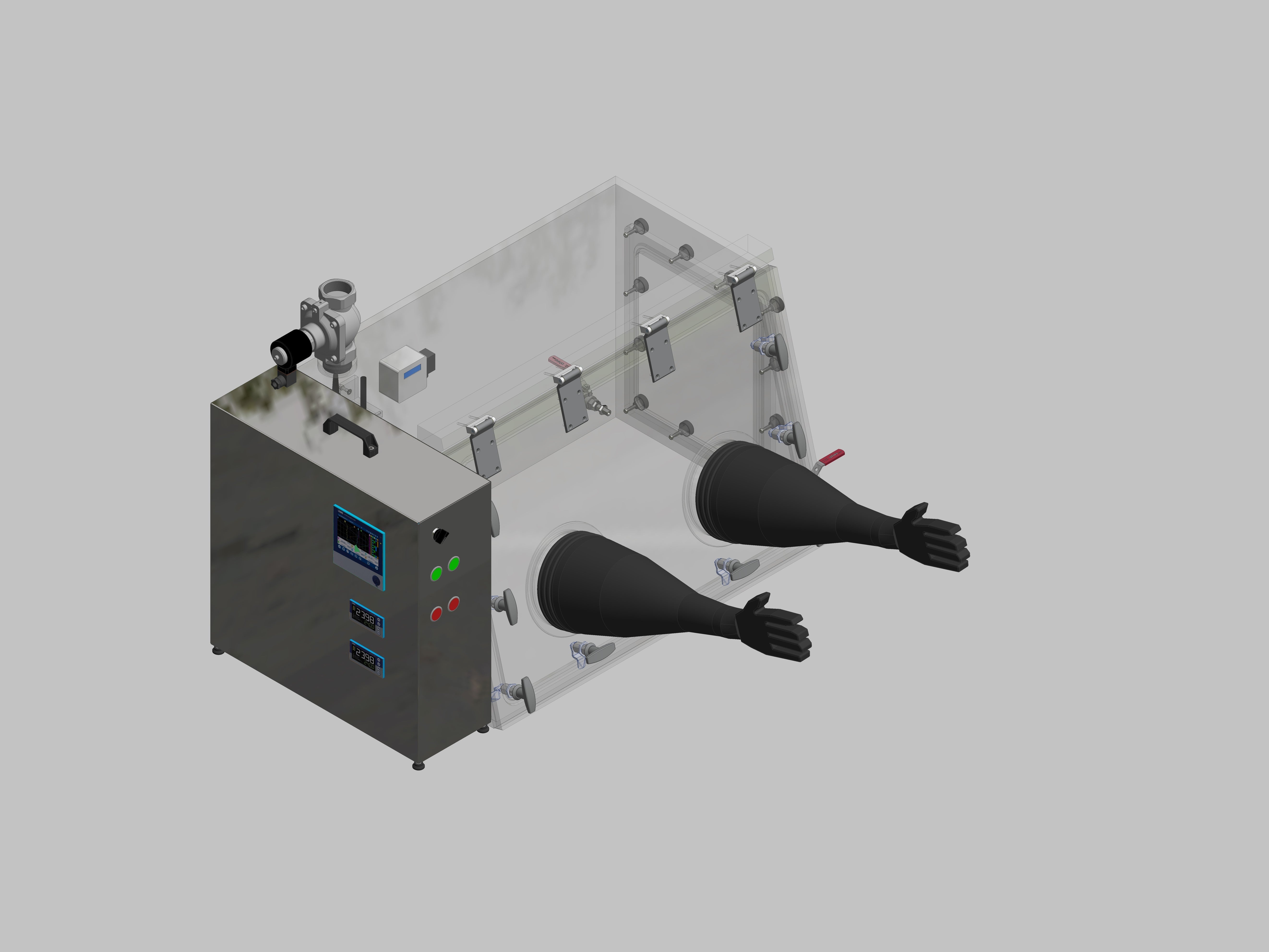Glovebox aus Acryl> Gasbefüllung: Spülautomatik mit Druckregelung, Frontausführung: Schwenkbar nach oben, Seitenausführung: Flansch abnehmbar Steuerung: Sauerstoff-und Feuchteregler mit Datenlogger