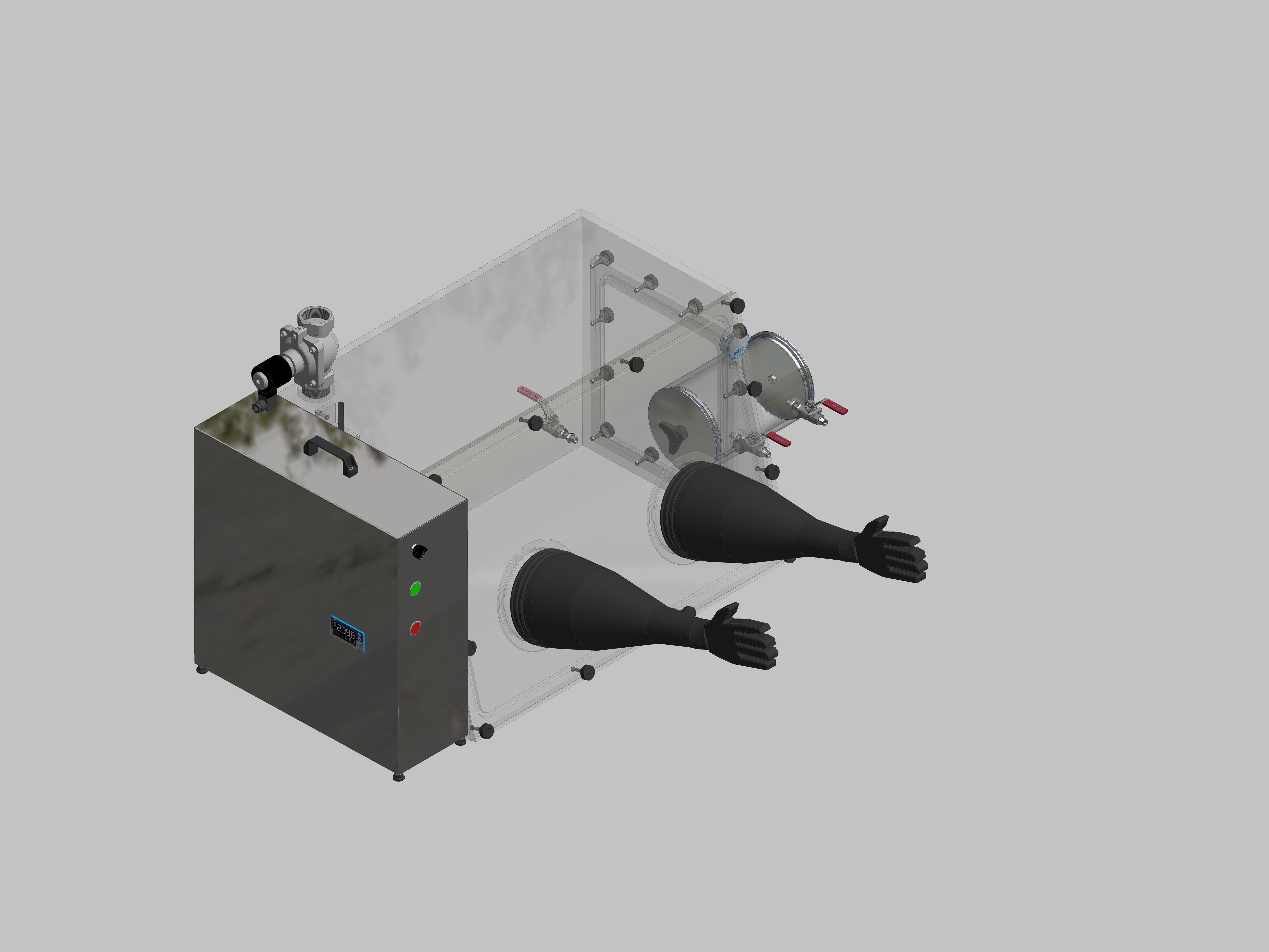 Glovebox aus Acryl> Gasbefüllung: Spülautomatik mit Druckregelung, Frontausführung: abnehmbar Seitenausführung: Vakuumschleuse rund,