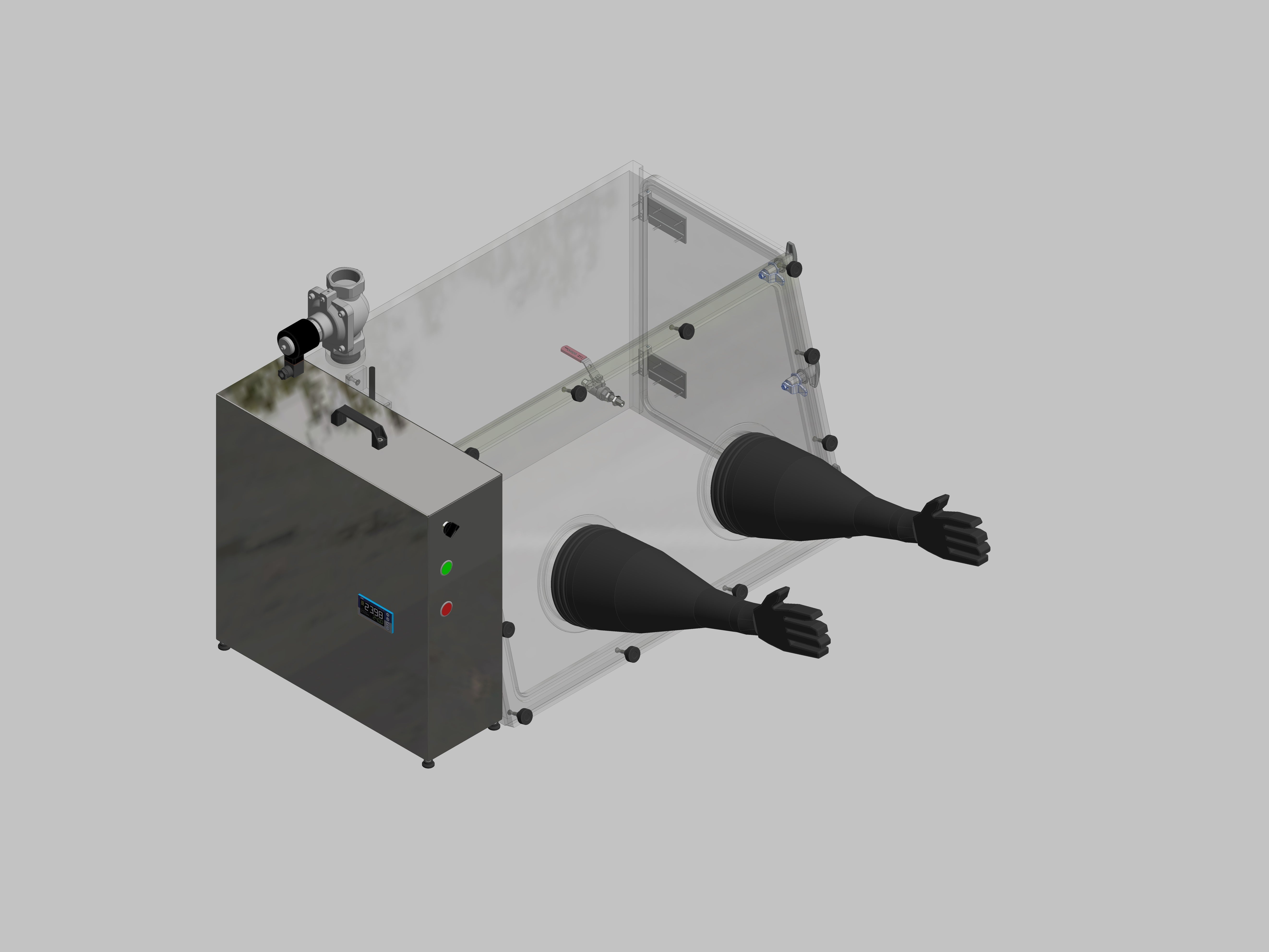 Glovebox aus Acryl> Gasbefüllung: Spülautomatik mit Druckregelung, Frontausführung: abnehmbar Seitenausführung: Flügeltüre