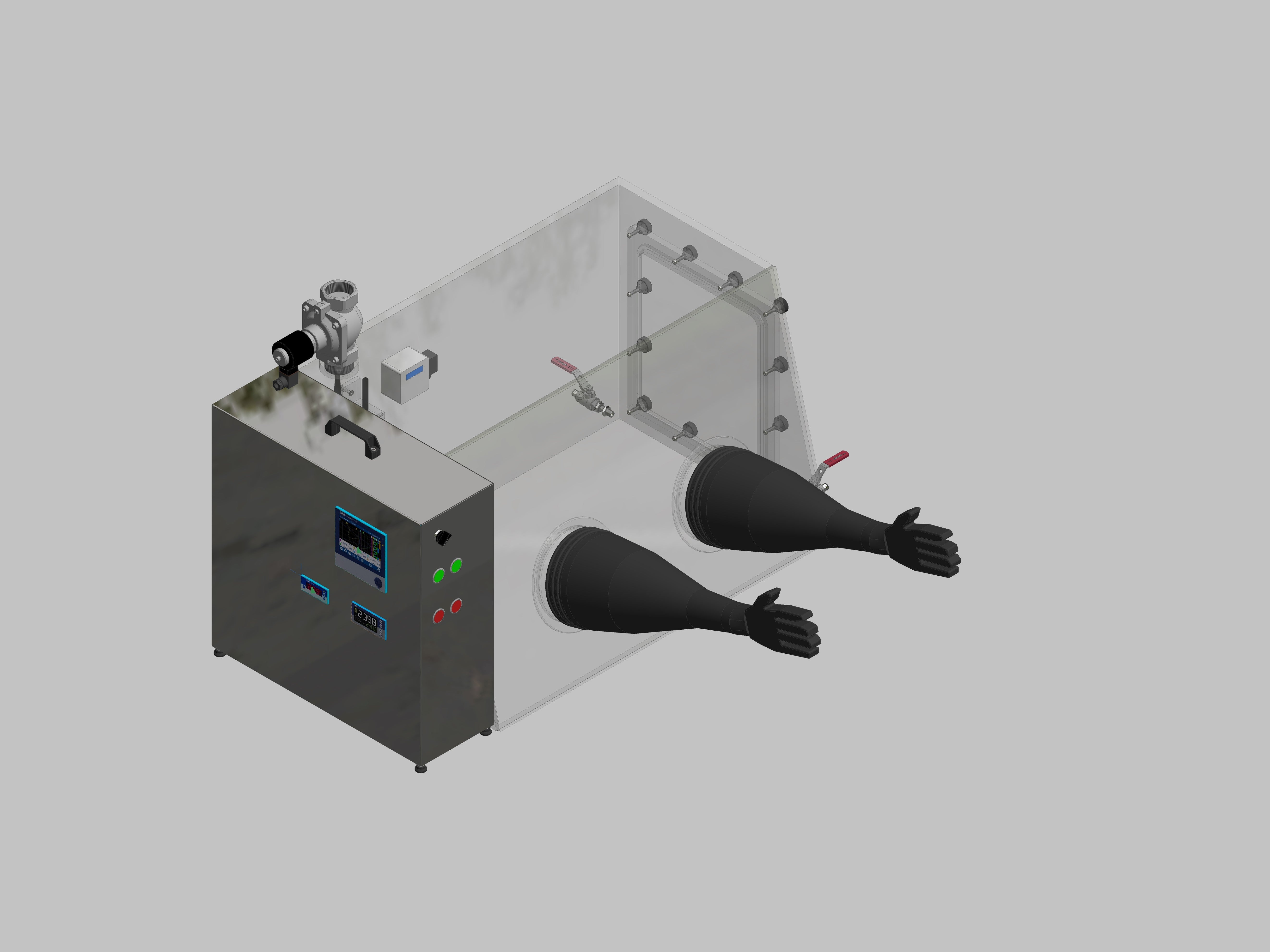 Glovebox aus Acryl> Gasbefüllung: Spülautomatik mit Druckregelung, Frontausführung: Standard, Seitenausführung: Flansch abnehmbar Steuerung: Sauerstoffregler und Feuchteanzeige mit Datenlogger