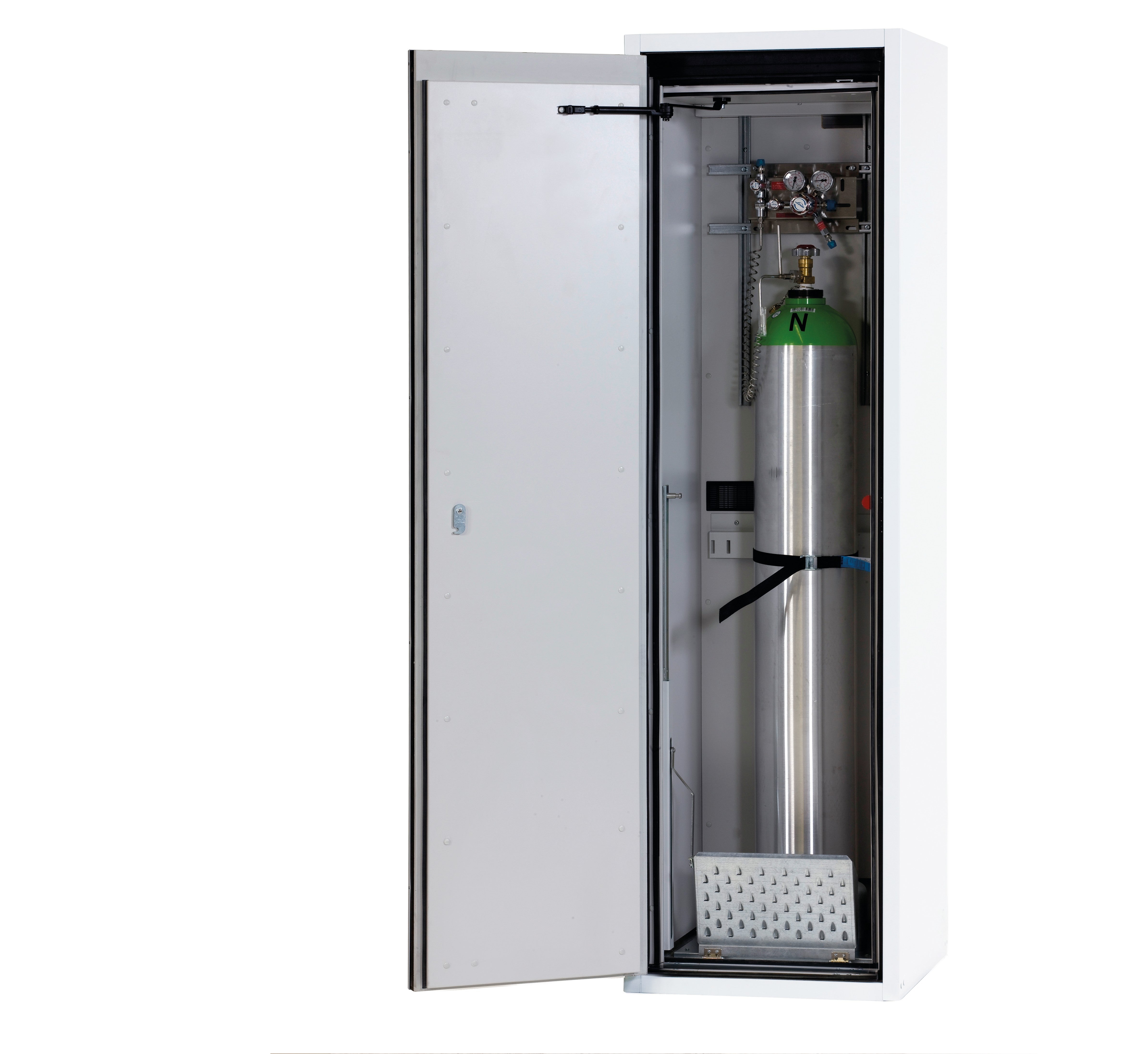 Type 90 compressed gas bottle cabinet G-ULTIMATE-90 model G90.205.060 in laboratory white (similar to RAL 9016) with comfortable interior fittings for 1x compressed gas bottles of 50 liters each