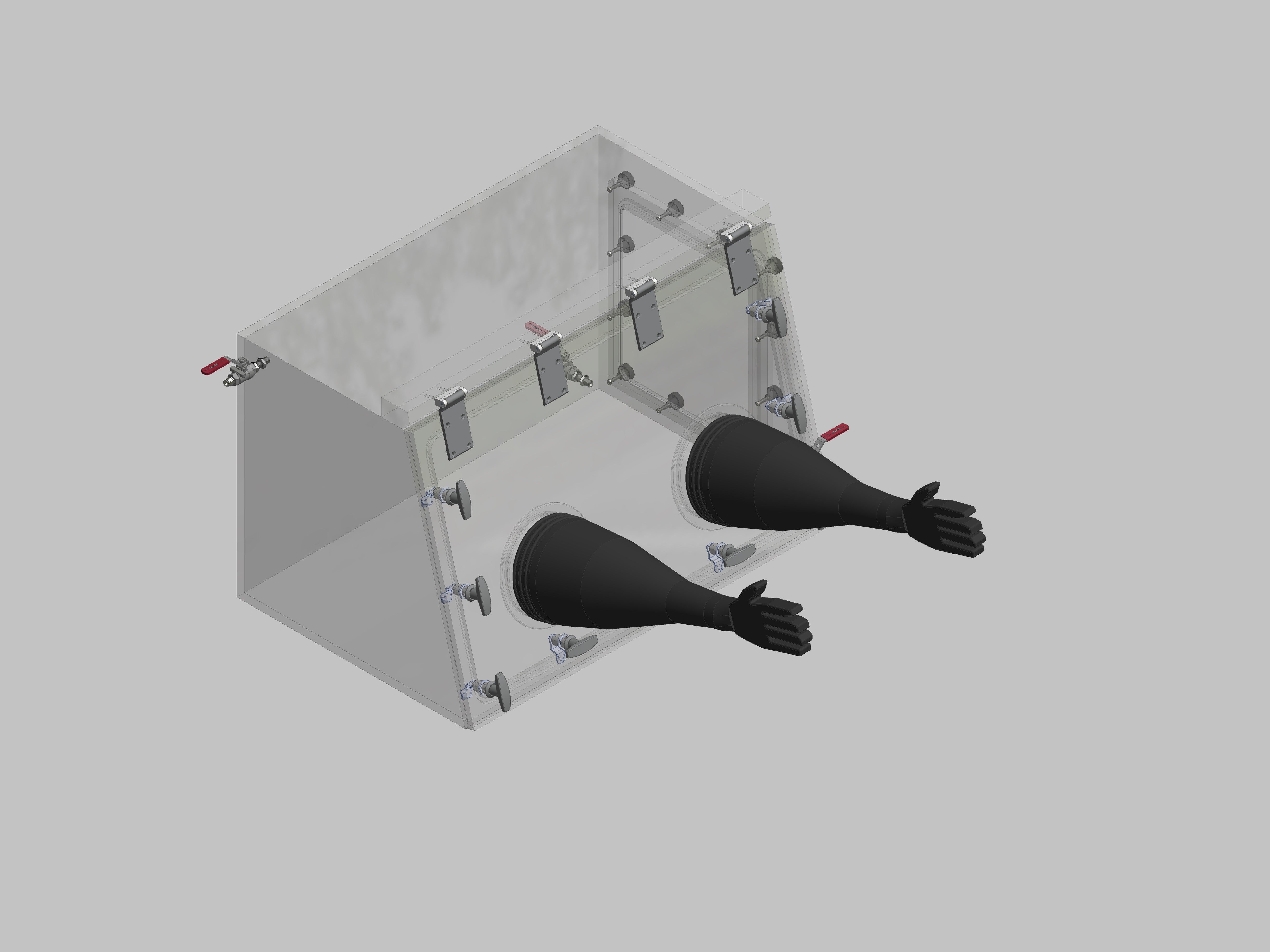 Glovebox aus Acryl> Gasbefüllung: Von Hand, Frontausführung: Schwenkbar nach oben, Seitenausführung: Flansch abnehmbar