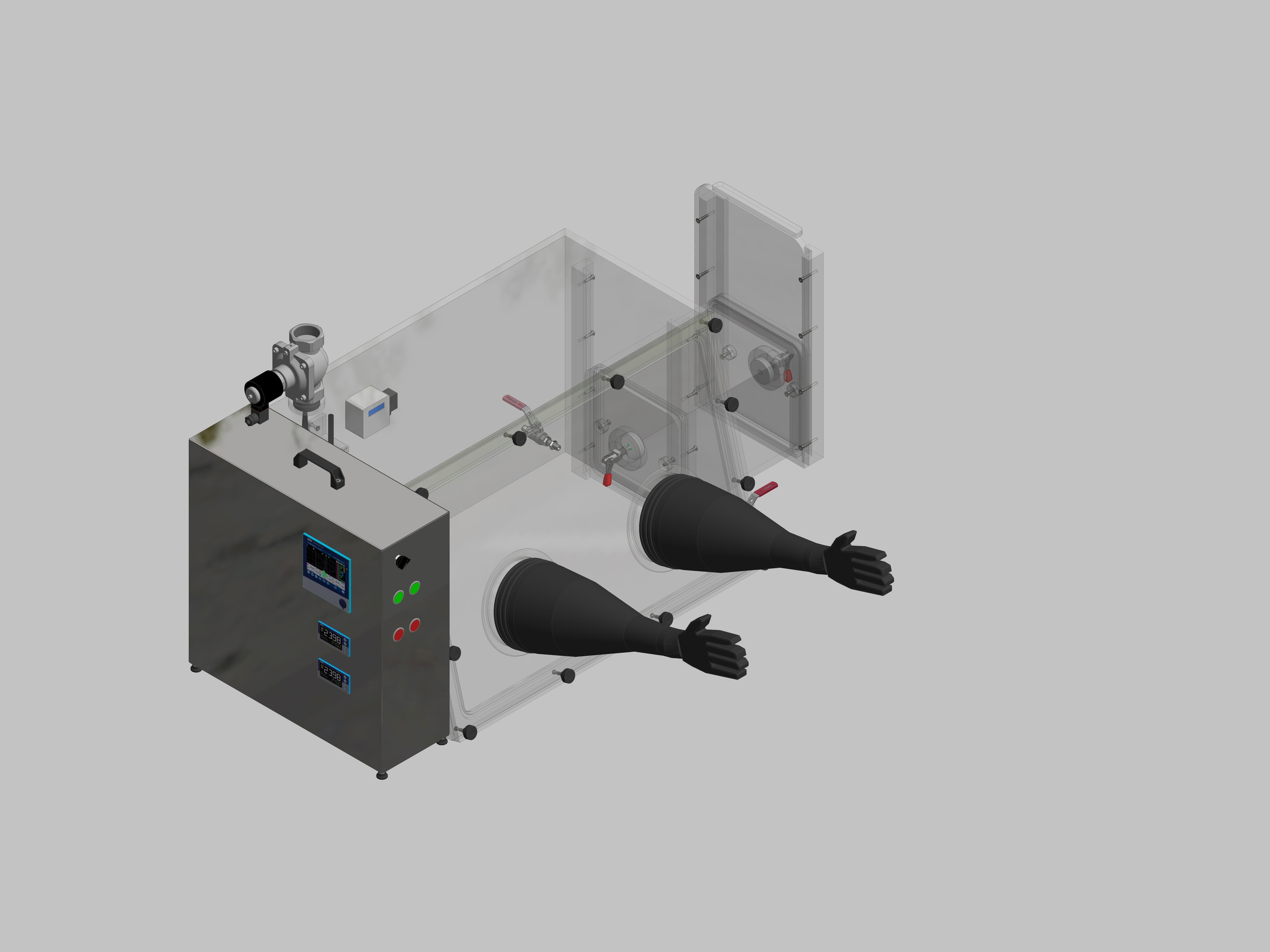 Glovebox aus Acryl> Gasbefüllung: Spülautomatik mit Druckregelung, Frontausführung: abnehmbar Seitenausführung: Rechteckschleuse Steuerung: Feuchteregler und Sauerstoffanzeige mit Datenlogger